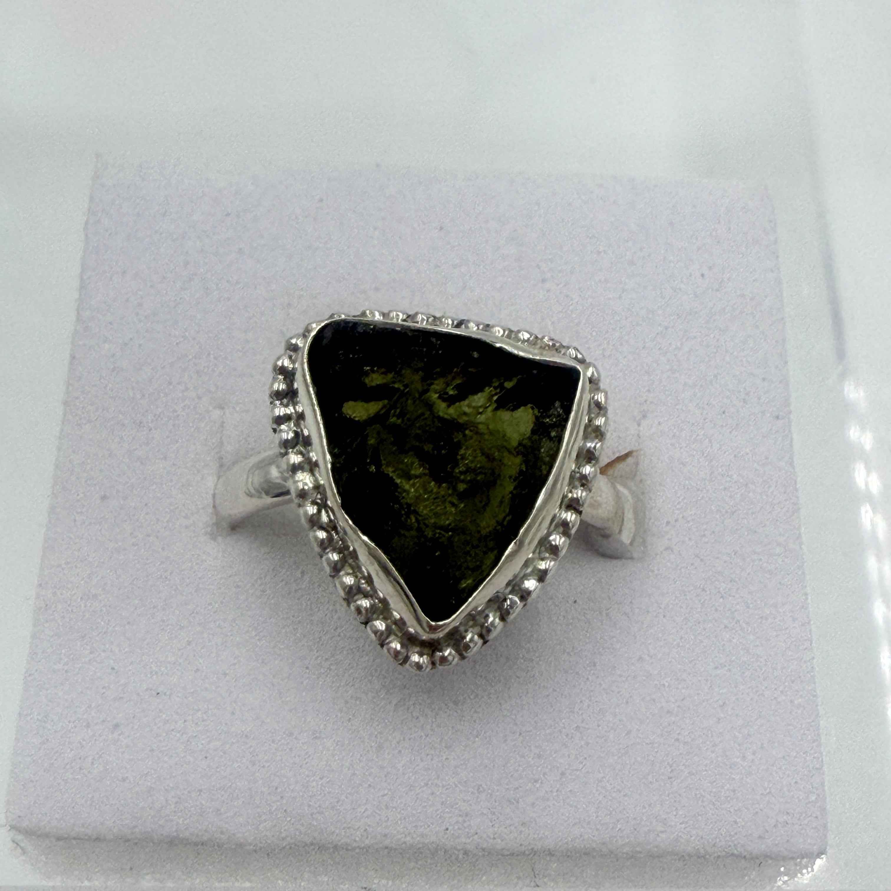 Sterling Silver Bezeled Moldavite Ring - Size 7 - Transformation, Growth & Awakening | Rings | Wiccan Center