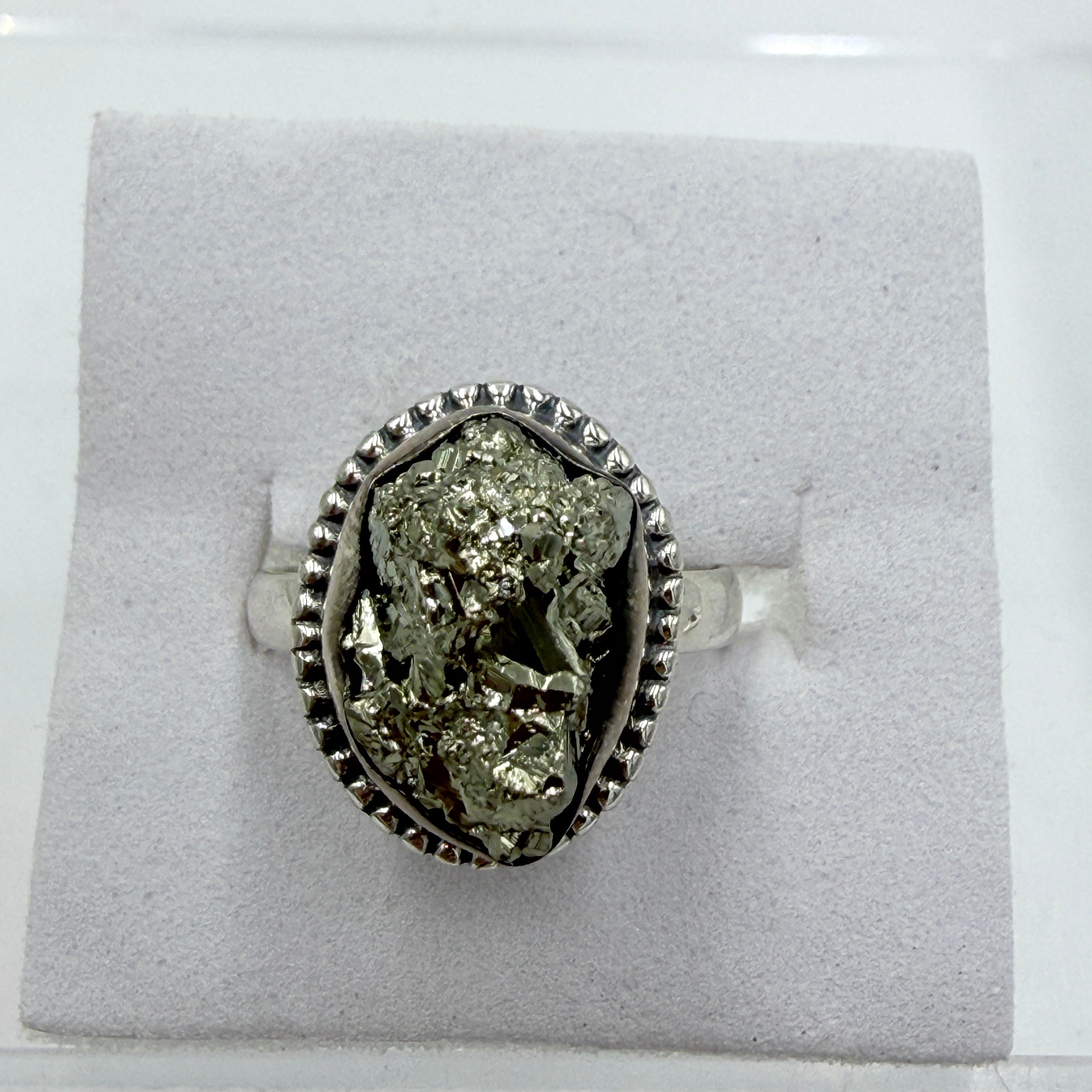 Sterling Silver Bezeled Rough Pyrite Ring - Size 6 - Protective, Abundant & Grounding | Rings | Wiccan Center