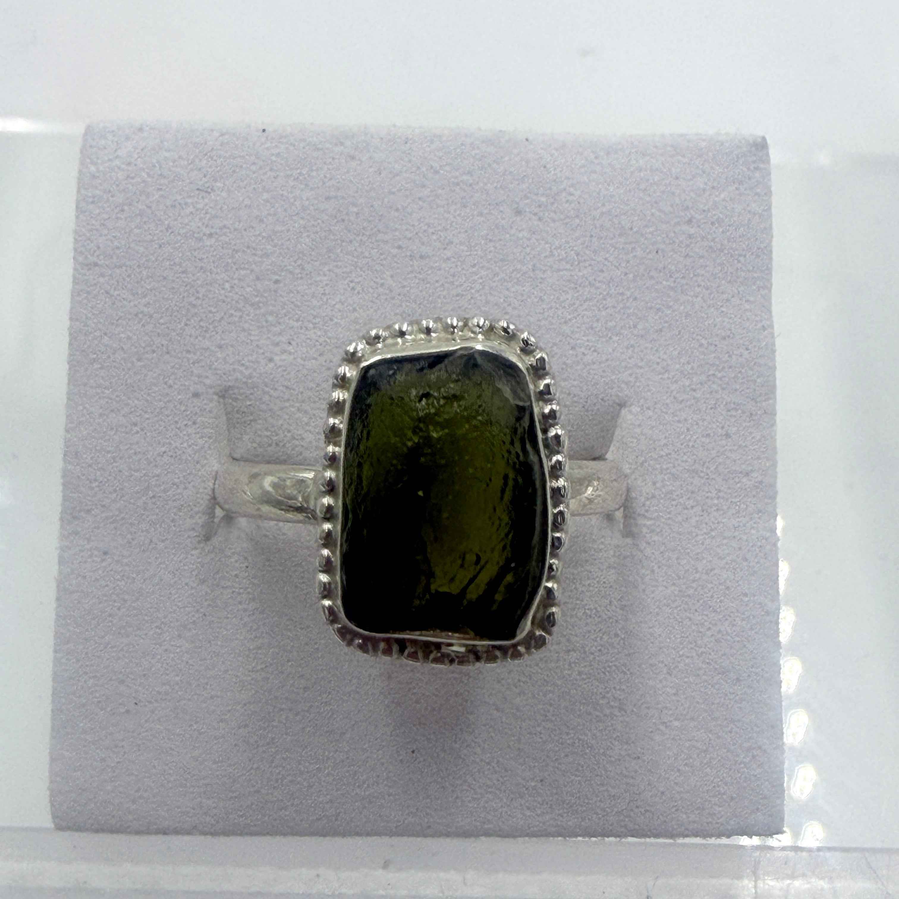 Sterling Silver Bezeled Moldavite Ring - Size 7 - Transformation, Growth & Awakening | Rings | Wiccan Center