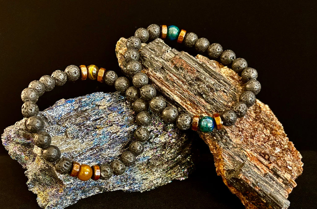 Men’s Lava Rock & Black Stone Bracelet – Natural Blue, Gray or Brown Accent Stones | Medium–Large Wrist | | Wiccan Center