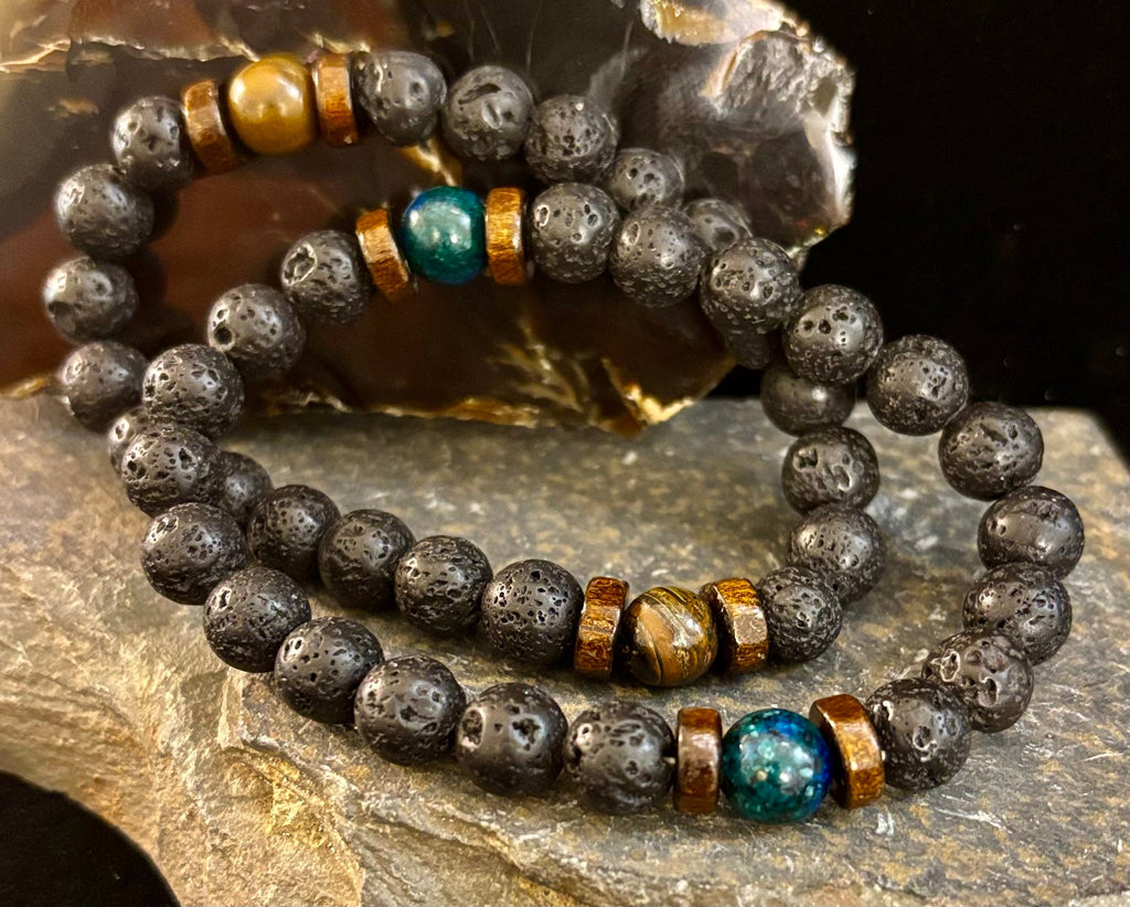 Men’s Lava Rock & Black Stone Bracelet – Natural Blue, Gray or Brown Accent Stones | Medium–Large Wrist | | Wiccan Center