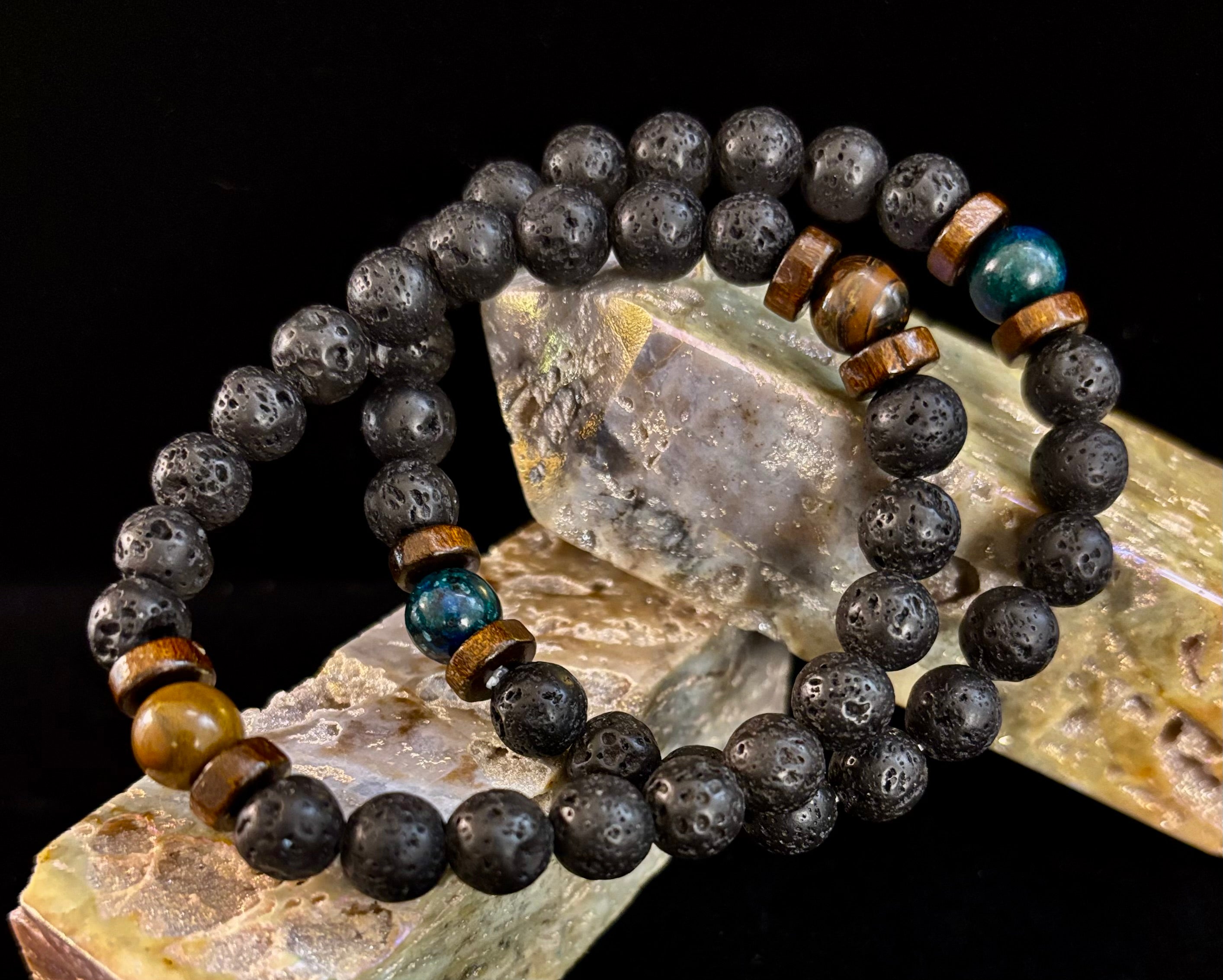 Men’s Lava Rock & Black Stone Bracelet – Natural Blue, Gray or Brown Accent Stones | Medium–Large Wrist | | Wiccan Center