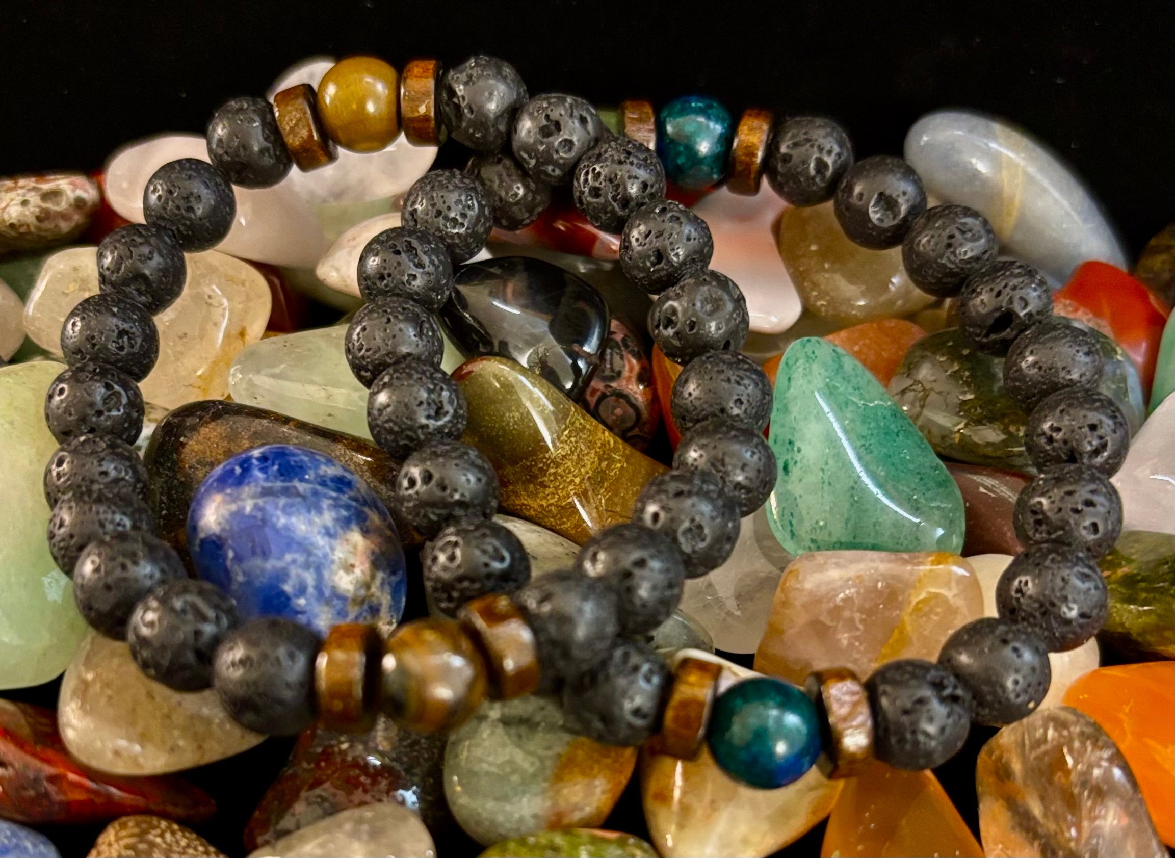 Men’s Lava Rock & Black Stone Bracelet – Natural Blue, Gray or Brown Accent Stones | Medium–Large Wrist | | Wiccan Center