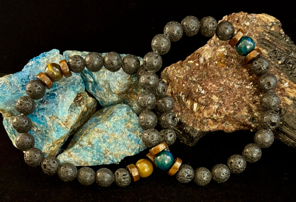 Men’s Lava Rock & Black Stone Bracelet – Natural Blue, Gray or Brown Accent Stones | Medium–Large Wrist | | Wiccan Center