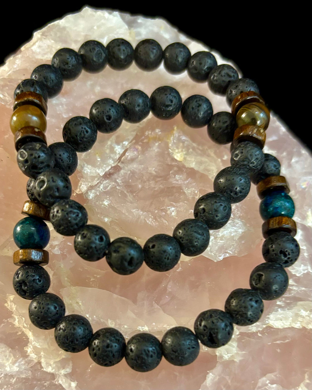 Men’s Lava Rock & Black Stone Bracelet – Natural Blue, Gray or Brown Accent Stones | Medium–Large Wrist | | Wiccan Center