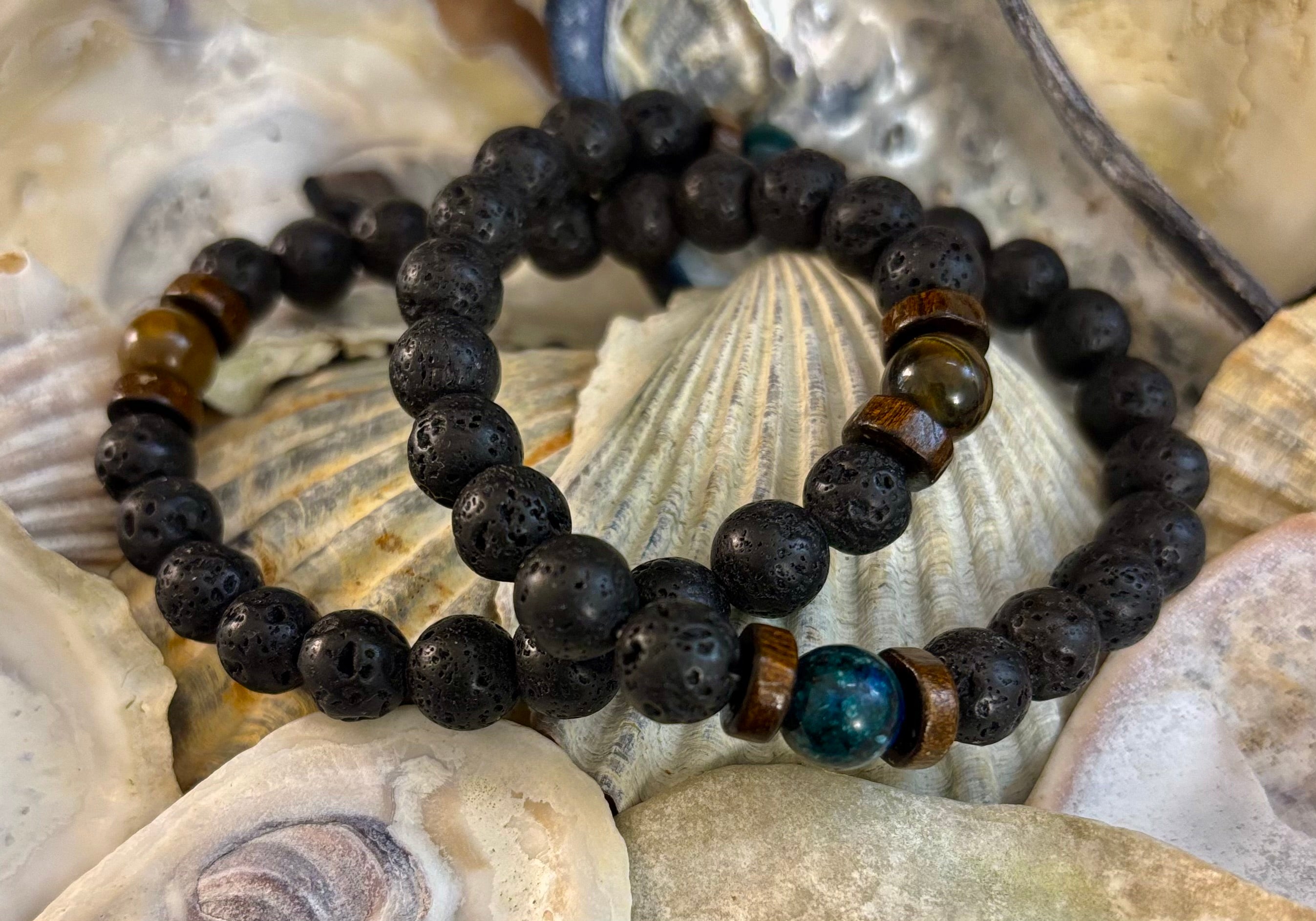 Men’s Lava Rock & Black Stone Bracelet – Natural Blue, Gray or Brown Accent Stones | Medium–Large Wrist | | Wiccan Center