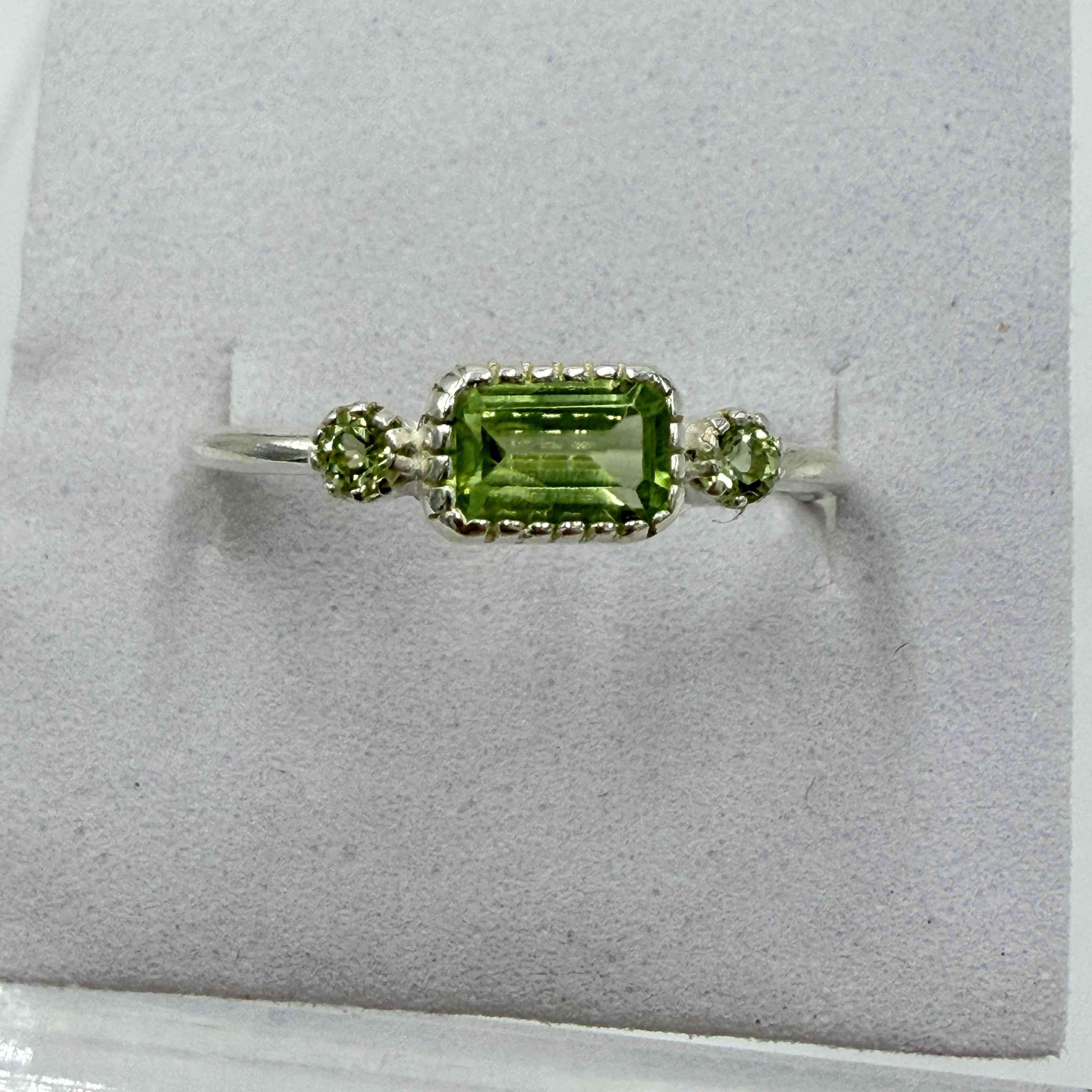 Sterling Silver Rectangular Peridot Ring - Size 9 -Positivity, Growth & Renewal | Rings | Wiccan Center