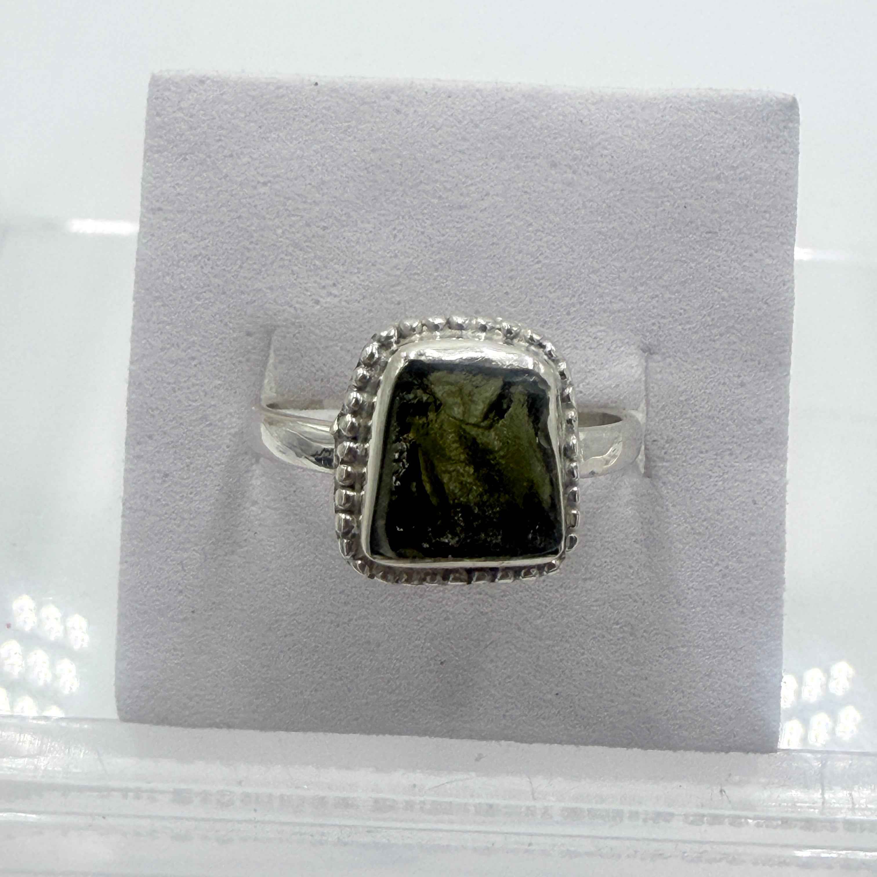 Sterling Silver Bezeled Moldavite Ring - Size 8 - Transformation, Growth & Awakening | Rings | Wiccan Center