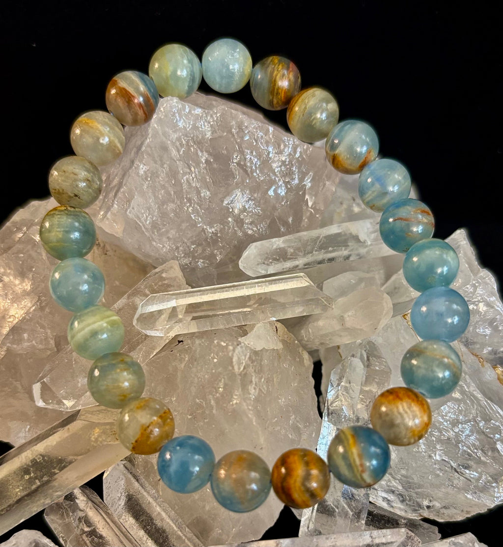 Aquatine Lemurian Calcite Bracelet (8mm) – Emotional Healing, Intuition & Inner Peace | Reiki-Infused Crystal Bracelet for Medium Wrists | | Wiccan Center