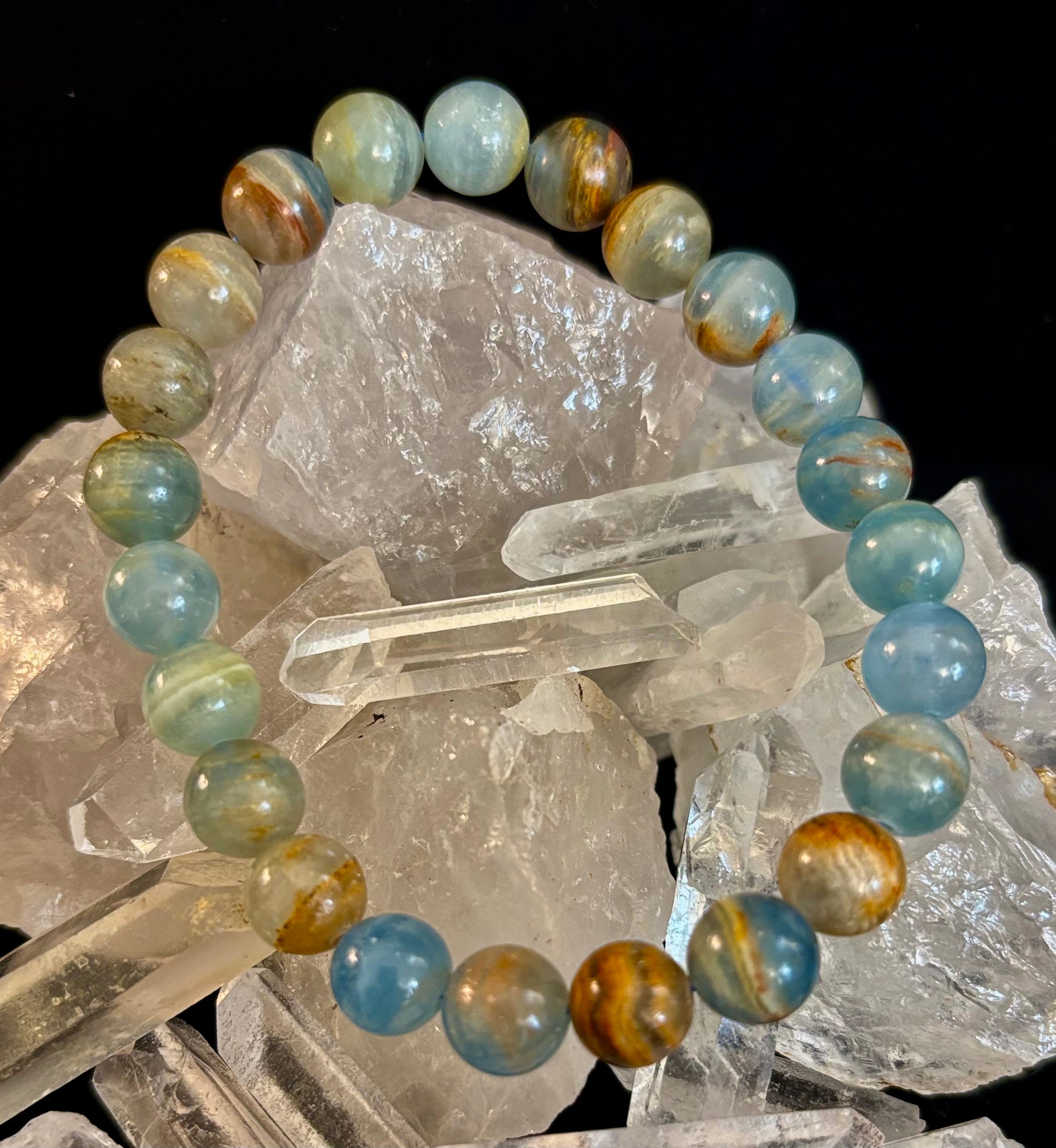 Aquatine Lemurian Calcite Bracelet (8mm) – Emotional Healing, Intuition & Inner Peace | Reiki-Infused Crystal Bracelet for Medium Wrists | | Wiccan Center