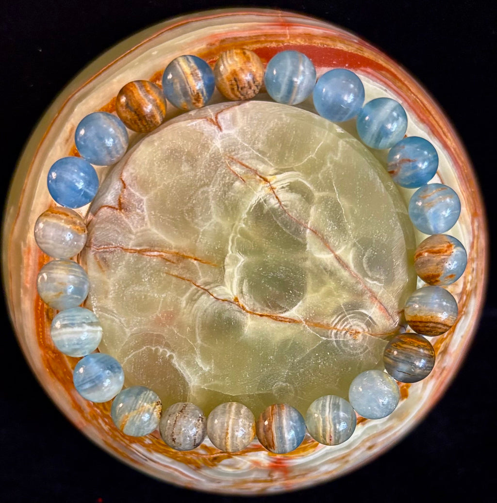 Aquatine Lemurian Calcite Bracelet (8mm) – Emotional Healing, Intuition & Inner Peace | Reiki-Infused Crystal Bracelet for Medium Wrists | | Wiccan Center