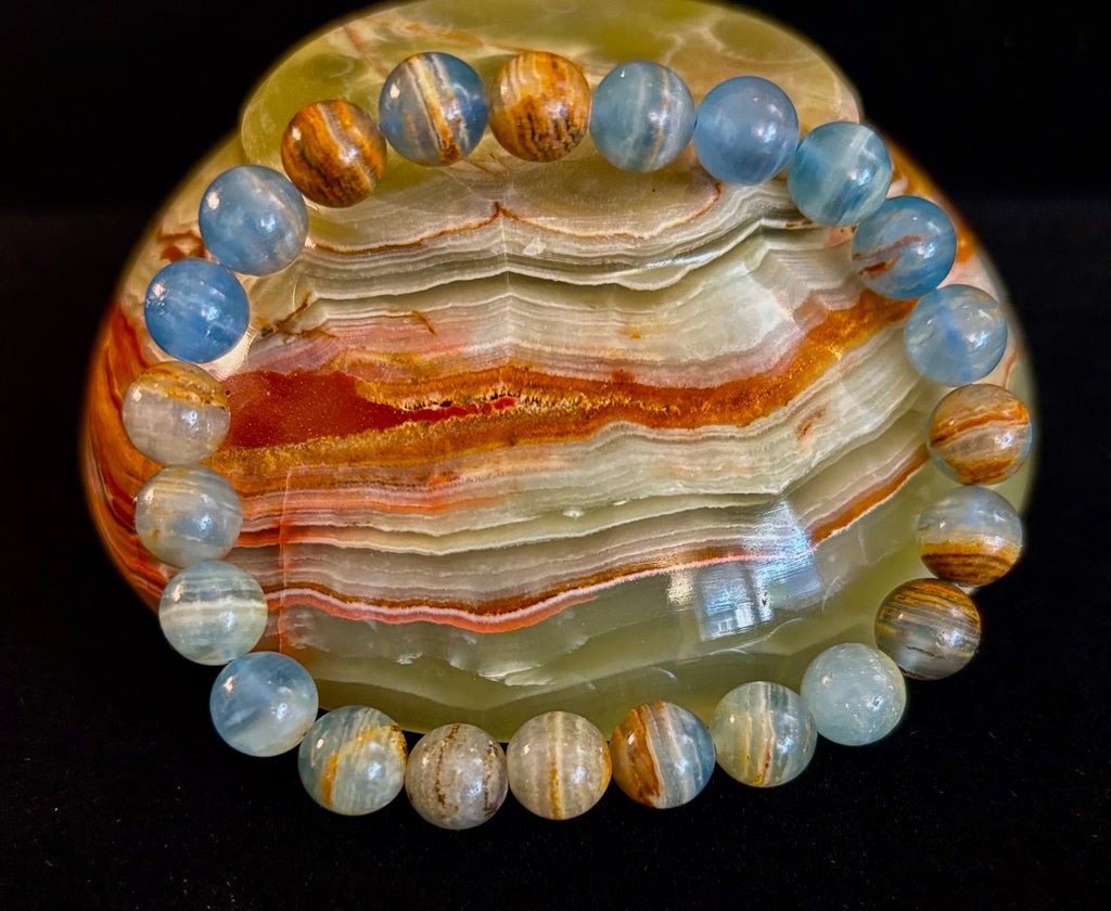Aquatine Lemurian Calcite Bracelet (8mm) – Emotional Healing, Intuition & Inner Peace | Reiki-Infused Crystal Bracelet for Medium Wrists | | Wiccan Center