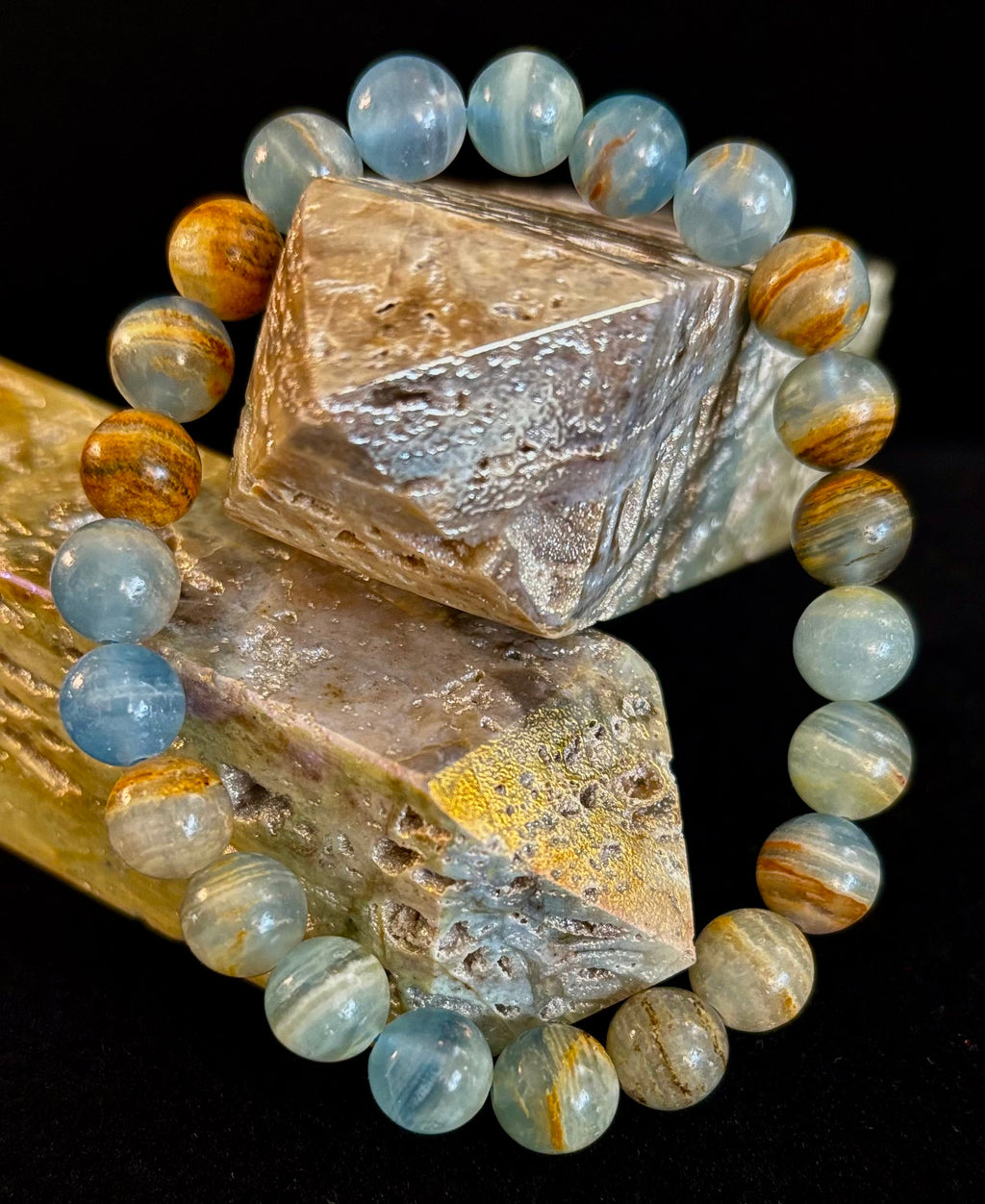 Aquatine Lemurian Calcite Bracelet (8mm) – Emotional Healing, Intuition & Inner Peace | Reiki-Infused Crystal Bracelet for Medium Wrists | | Wiccan Center