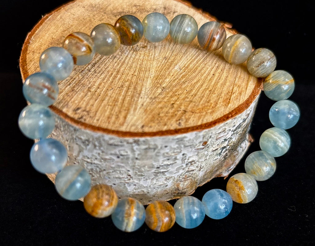 Aquatine Lemurian Calcite Bracelet (8mm) – Emotional Healing, Intuition & Inner Peace | Reiki-Infused Crystal Bracelet for Medium Wrists | | Wiccan Center