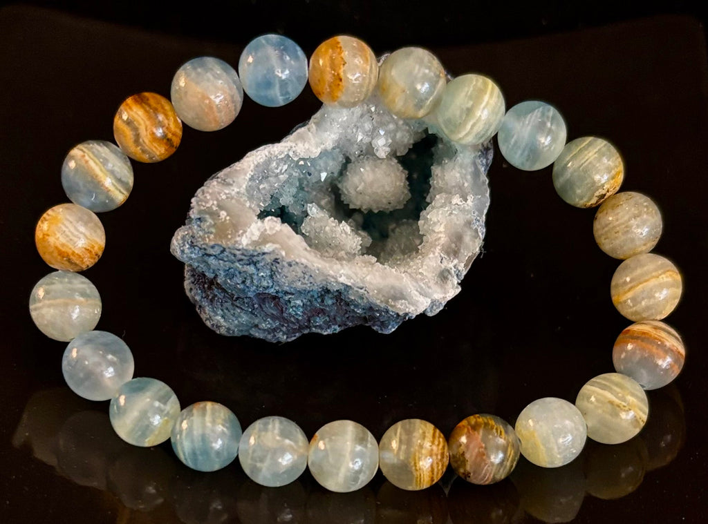 Aquatine Lemurian Calcite Bracelet (8mm) – Emotional Healing, Intuition & Inner Peace | Reiki-Infused Crystal Bracelet for Medium Wrists | | Wiccan Center