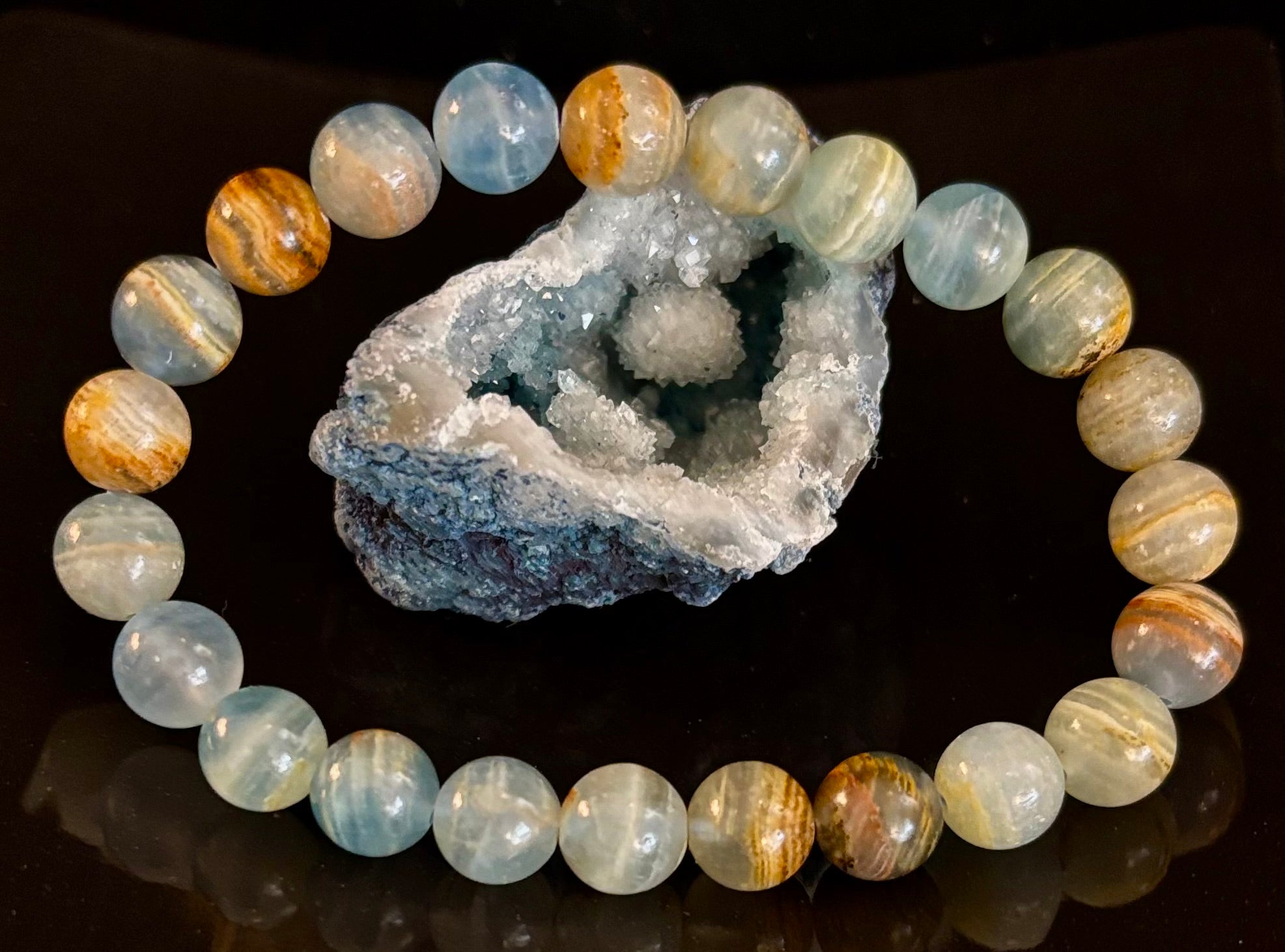 Aquatine Lemurian Calcite Bracelet (8mm) – Emotional Healing, Intuition & Inner Peace | Reiki-Infused Crystal Bracelet for Medium Wrists | | Wiccan Center