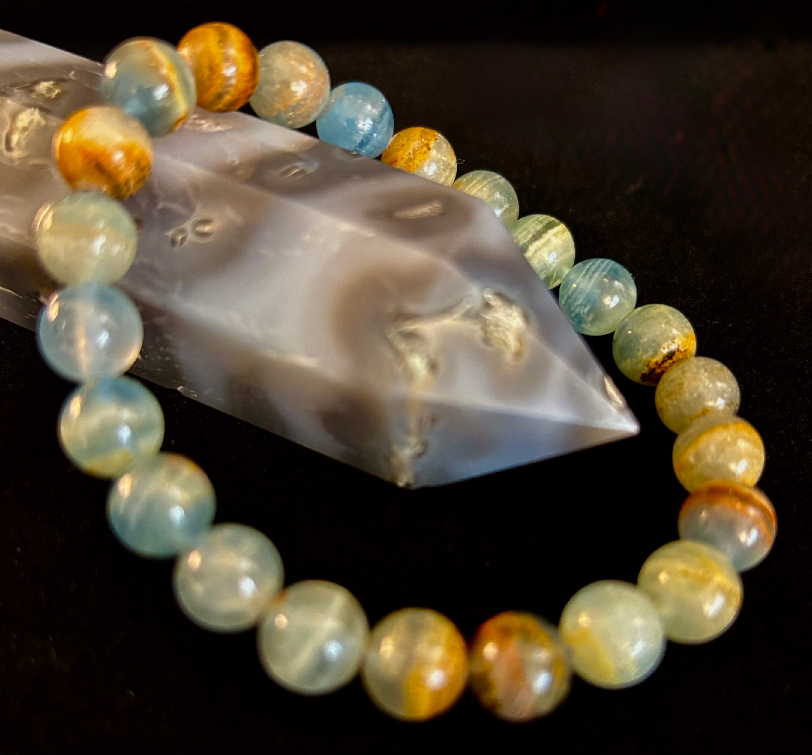 Aquatine Lemurian Calcite Bracelet (8mm) – Emotional Healing, Intuition & Inner Peace | Reiki-Infused Crystal Bracelet for Medium Wrists | | Wiccan Center