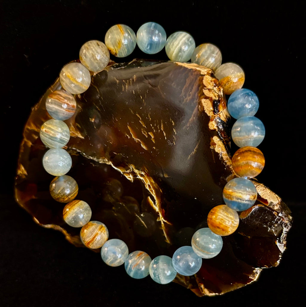 Aquatine Lemurian Calcite Bracelet (8mm) – Emotional Healing, Intuition & Inner Peace | Reiki-Infused Crystal Bracelet for Medium Wrists | | Wiccan Center