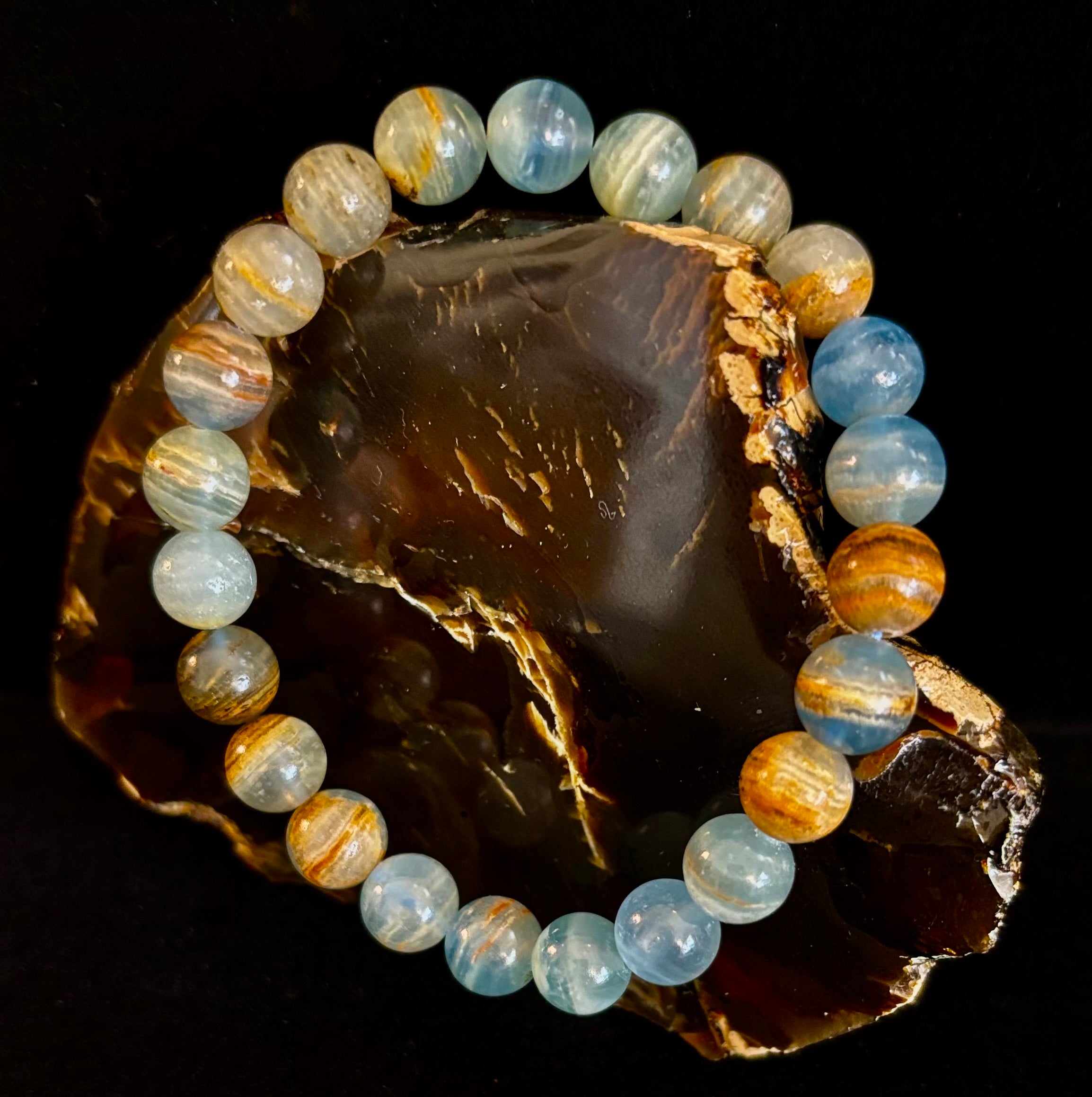 Aquatine Lemurian Calcite Bracelet (8mm) – Emotional Healing, Intuition & Inner Peace | Reiki-Infused Crystal Bracelet for Medium Wrists | | Wiccan Center