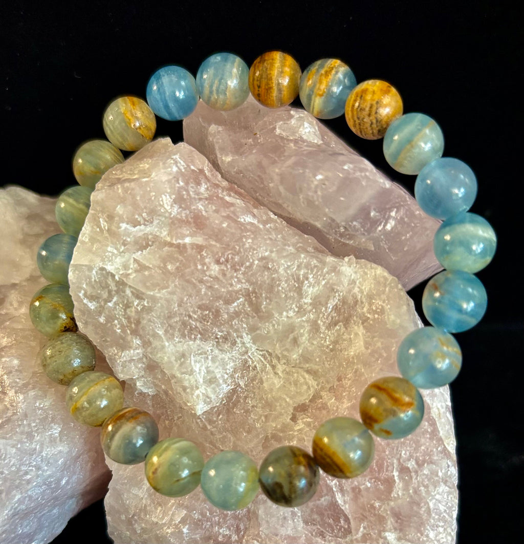 Aquatine Lemurian Calcite Bracelet (8mm) – Emotional Healing, Intuition & Inner Peace | Reiki-Infused Crystal Bracelet for Medium Wrists | | Wiccan Center