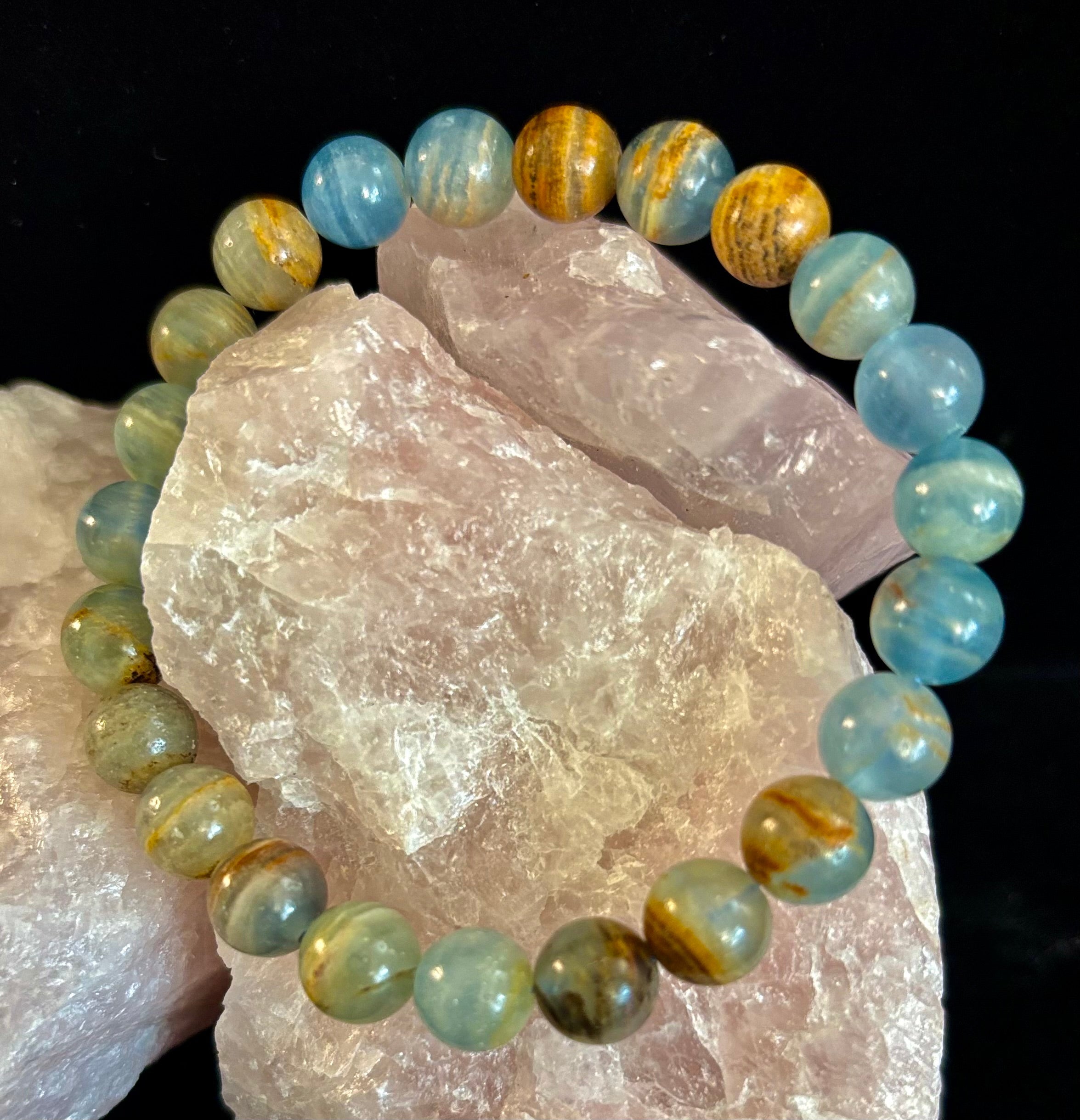 Aquatine Lemurian Calcite Bracelet (8mm) – Emotional Healing, Intuition & Inner Peace | Reiki-Infused Crystal Bracelet for Medium Wrists | | Wiccan Center