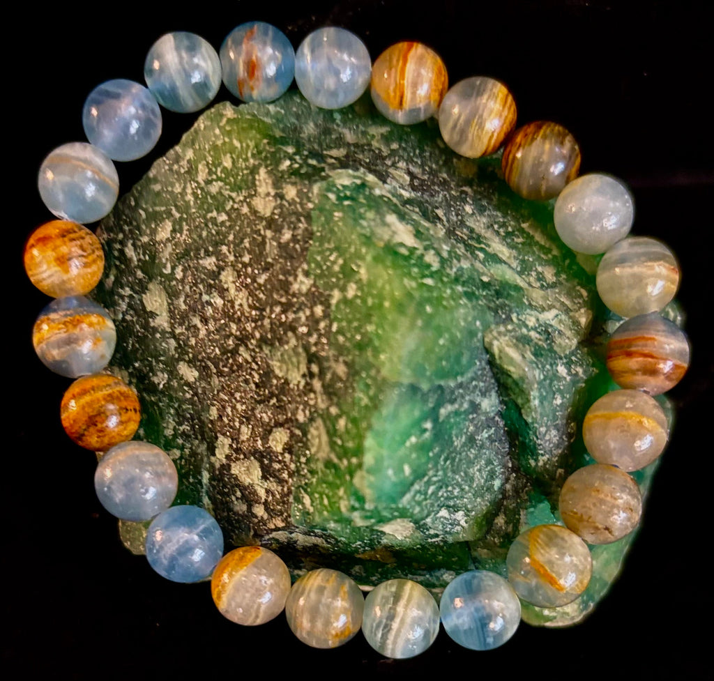Aquatine Lemurian Calcite Bracelet (8mm) – Emotional Healing, Intuition & Inner Peace | Reiki-Infused Crystal Bracelet for Medium Wrists | | Wiccan Center