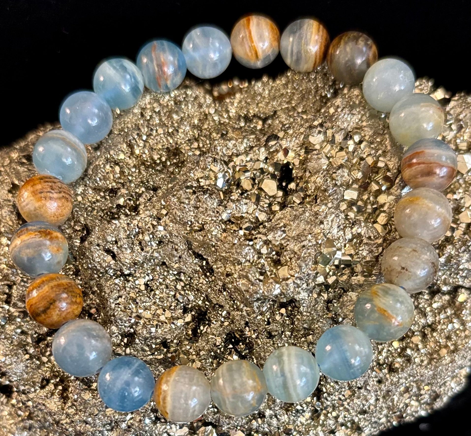Aquatine Lemurian Calcite Bracelet (8mm) – Emotional Healing, Intuition & Inner Peace | Reiki-Infused Crystal Bracelet for Medium Wrists | | Wiccan Center
