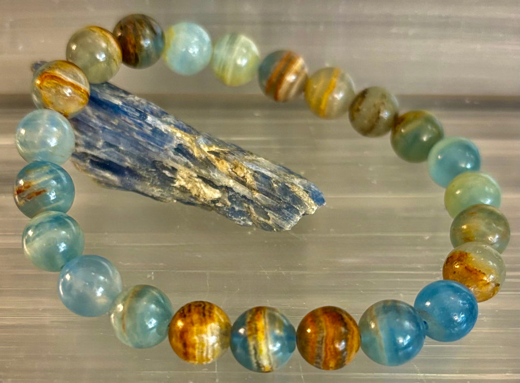Aquatine Lemurian Calcite Bracelet (8mm) – Emotional Healing, Intuition & Inner Peace | Reiki-Infused Crystal Bracelet for Medium Wrists | | Wiccan Center