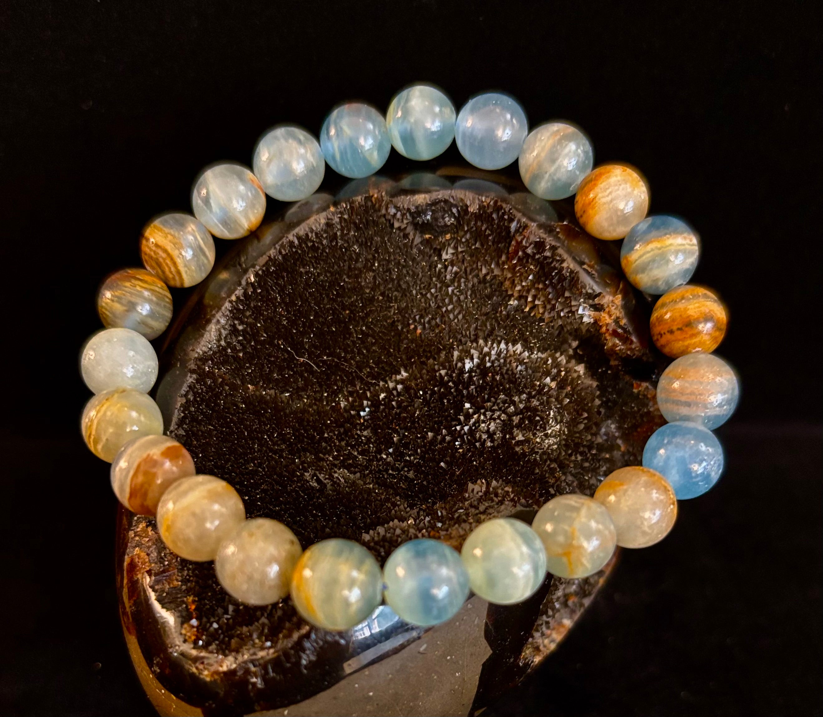 Aquatine Lemurian Calcite Bracelet (8mm) – Emotional Healing, Intuition & Inner Peace | Reiki-Infused Crystal Bracelet for Medium Wrists | | Wiccan Center