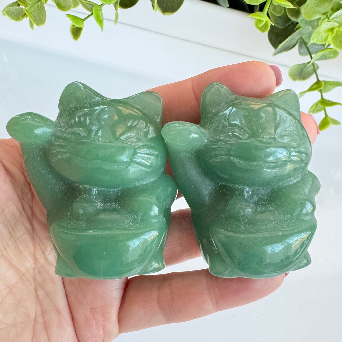 Green Aventurine Lucky Cat RIGHT PAW UP Large Ingot, Maneki Neko, Crystal Fortune Cat with Ingot