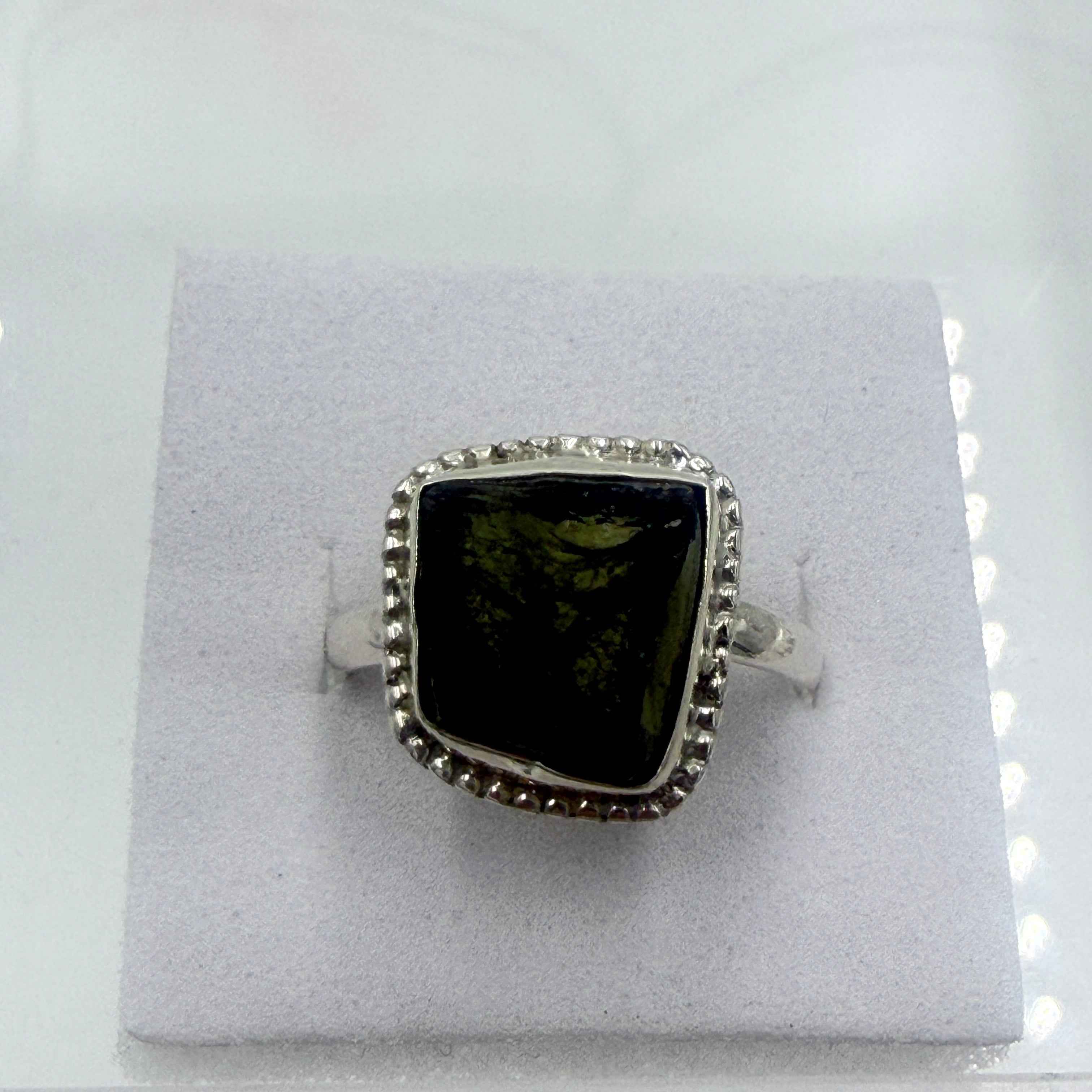 Sterling Silver Bezeled Moldavite Ring - Size 9 - Transformation, Growth & Awakening | Rings | Wiccan Center