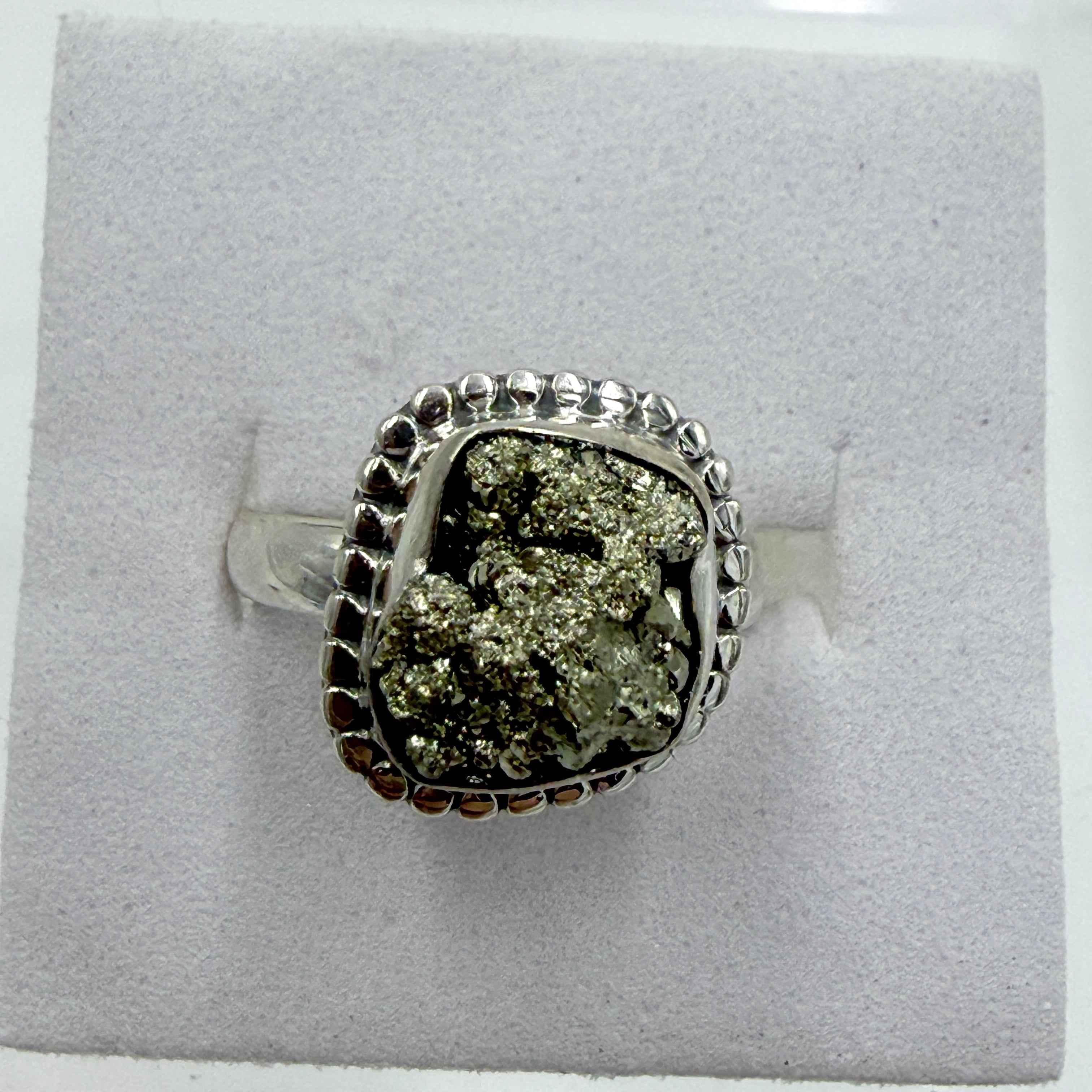Sterling Silver Bezeled Rough Pyrite Ring - Size 6 - Protective, Abundant & Grounding | Rings | Wiccan Center