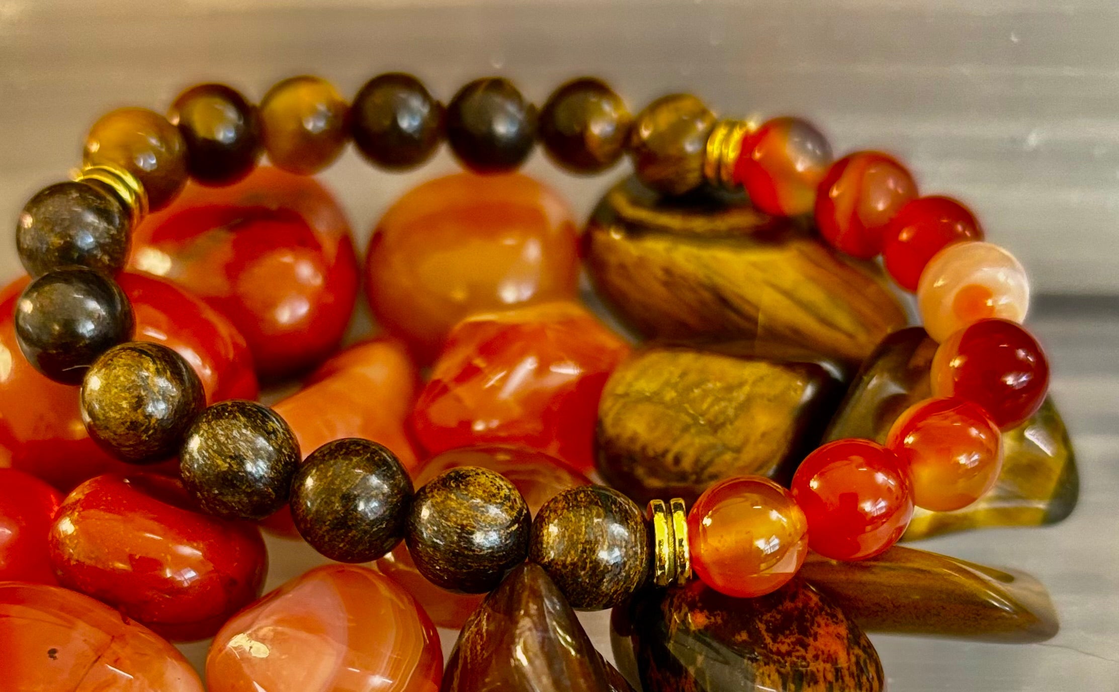 Depression Support Intention Bracelet – Yellow Tiger Eye, Banded Carnelian & Bronzite | 8mm Gemstones | | Wiccan Center