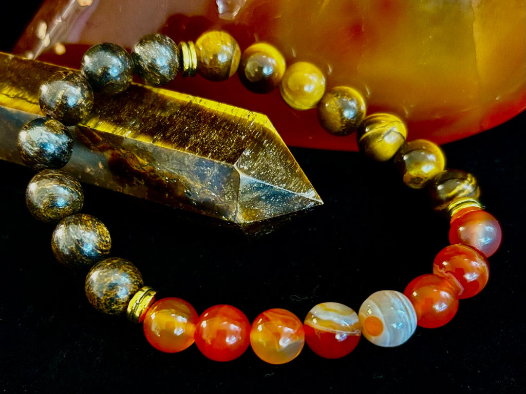 Depression Support Intention Bracelet – Yellow Tiger Eye, Banded Carnelian & Bronzite | 8mm Gemstones | | Wiccan Center