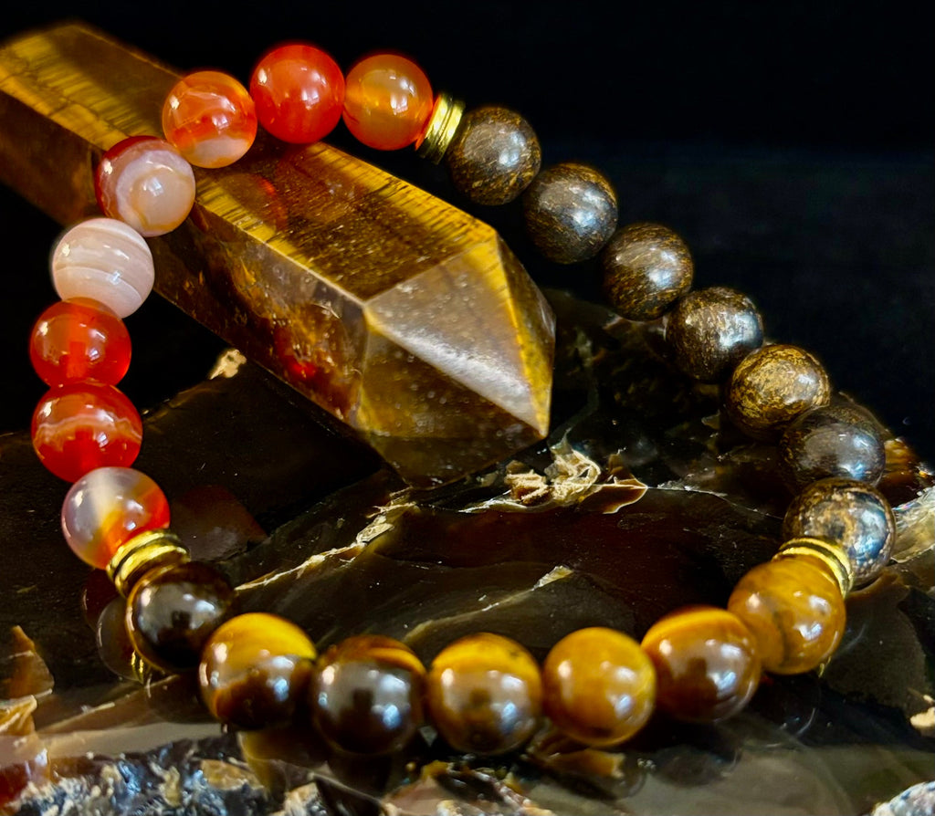 Depression Support Intention Bracelet – Yellow Tiger Eye, Banded Carnelian & Bronzite | 8mm Gemstones | | Wiccan Center