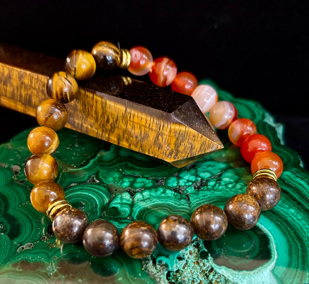 Depression Support Intention Bracelet – Yellow Tiger Eye, Banded Carnelian & Bronzite | 8mm Gemstones | | Wiccan Center