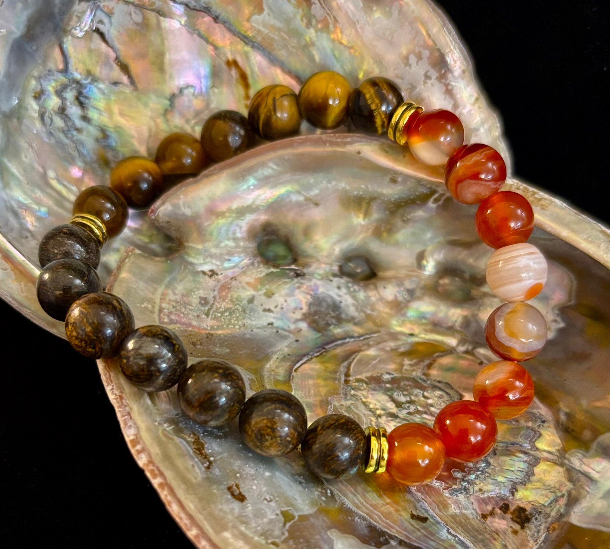 Depression Support Intention Bracelet – Yellow Tiger Eye, Banded Carnelian & Bronzite | 8mm Gemstones | | Wiccan Center