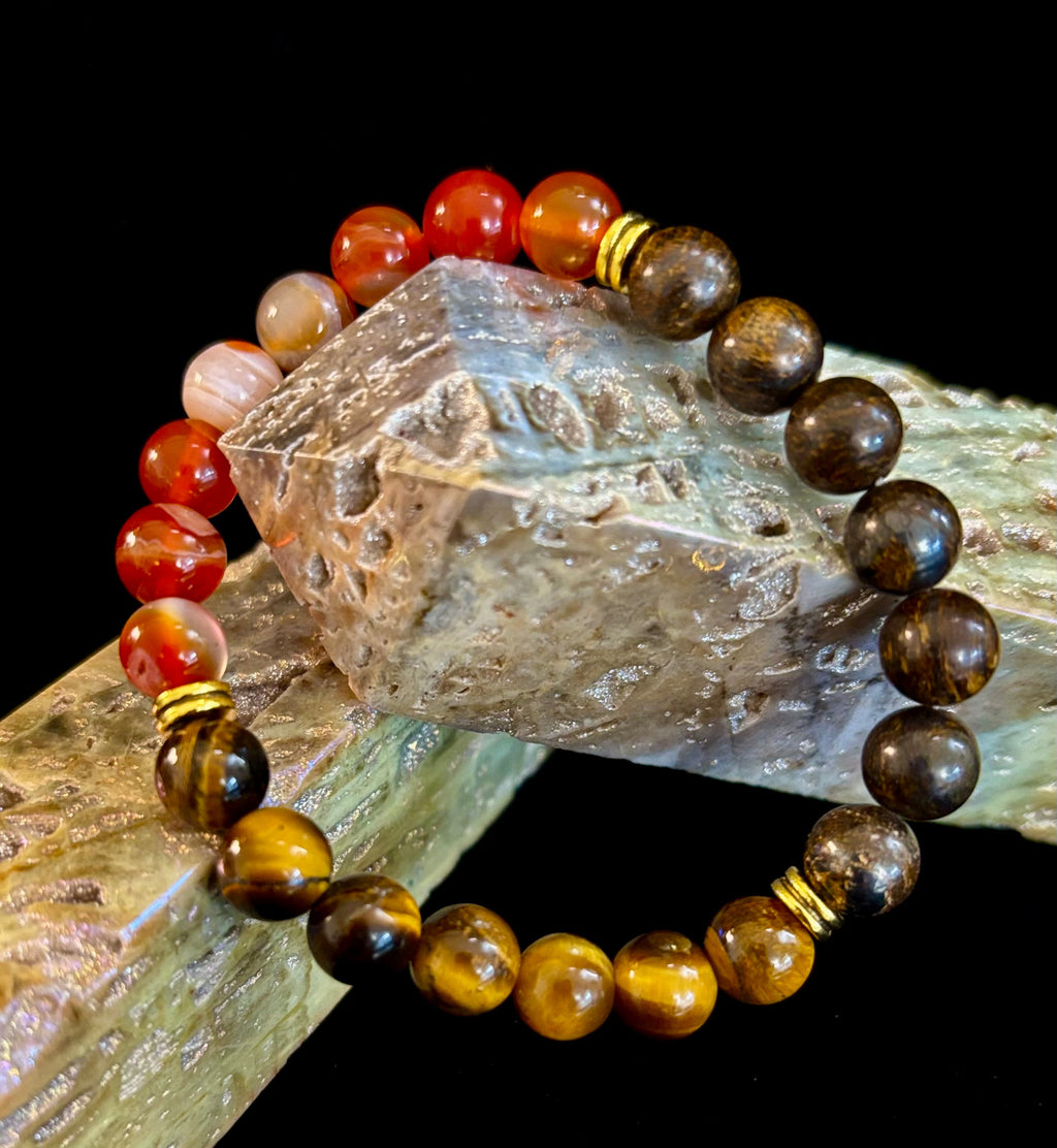 Depression Support Intention Bracelet – Yellow Tiger Eye, Banded Carnelian & Bronzite | 8mm Gemstones | | Wiccan Center