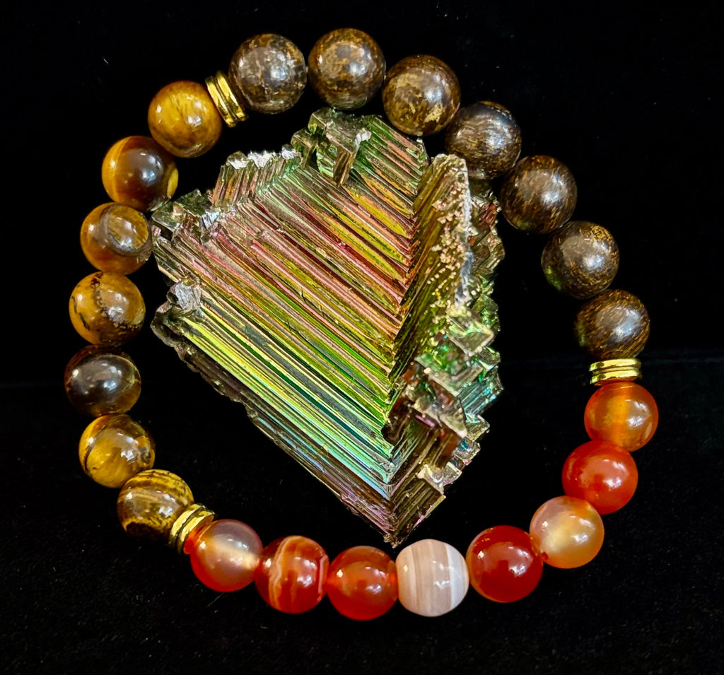 Depression Support Intention Bracelet – Yellow Tiger Eye, Banded Carnelian & Bronzite | 8mm Gemstones | | Wiccan Center
