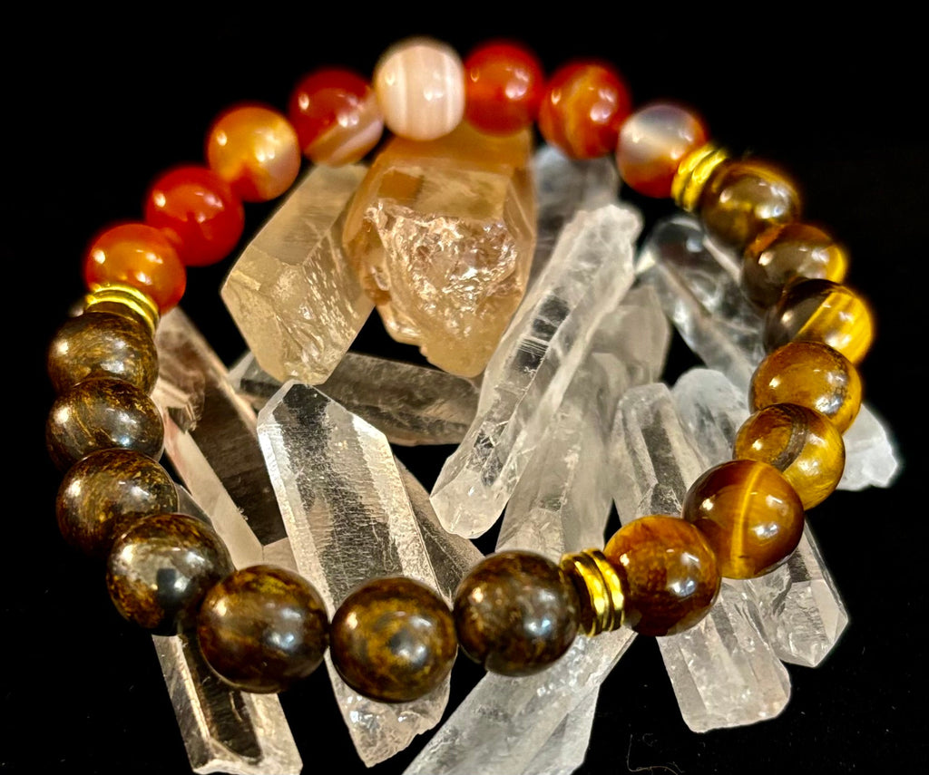 Depression Support Intention Bracelet – Yellow Tiger Eye, Banded Carnelian & Bronzite | 8mm Gemstones | | Wiccan Center