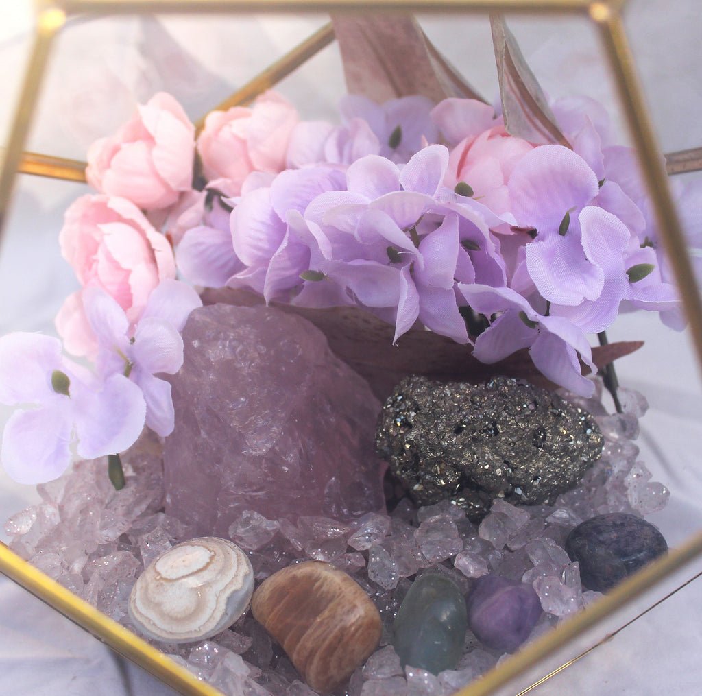 Crystal Geode Terrarium Rose Quartz and Pyrite - Luck in Love | | Wiccan Center