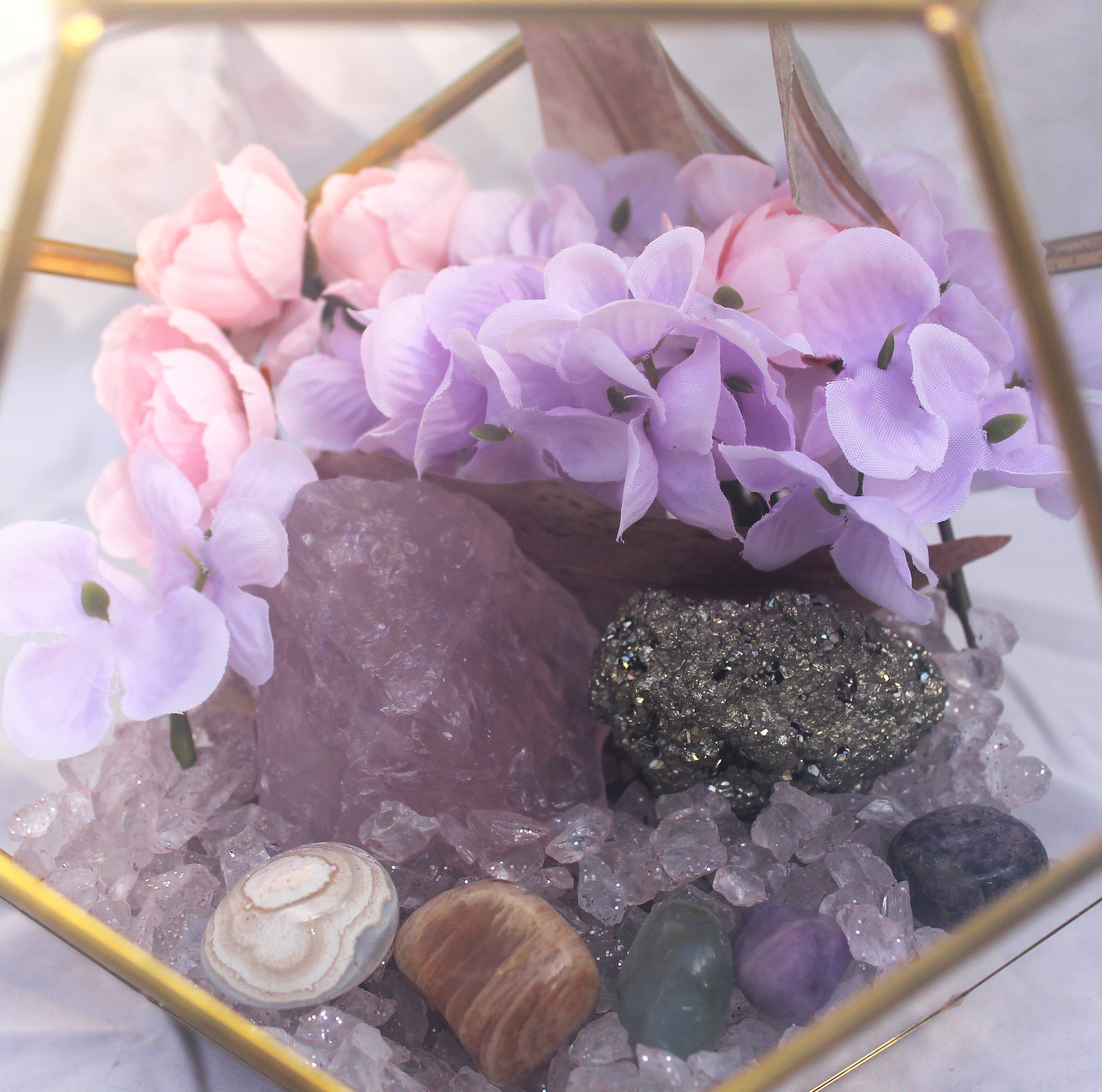Crystal Geode Terrarium Rose Quartz and Pyrite - Luck in Love | | Wiccan Center