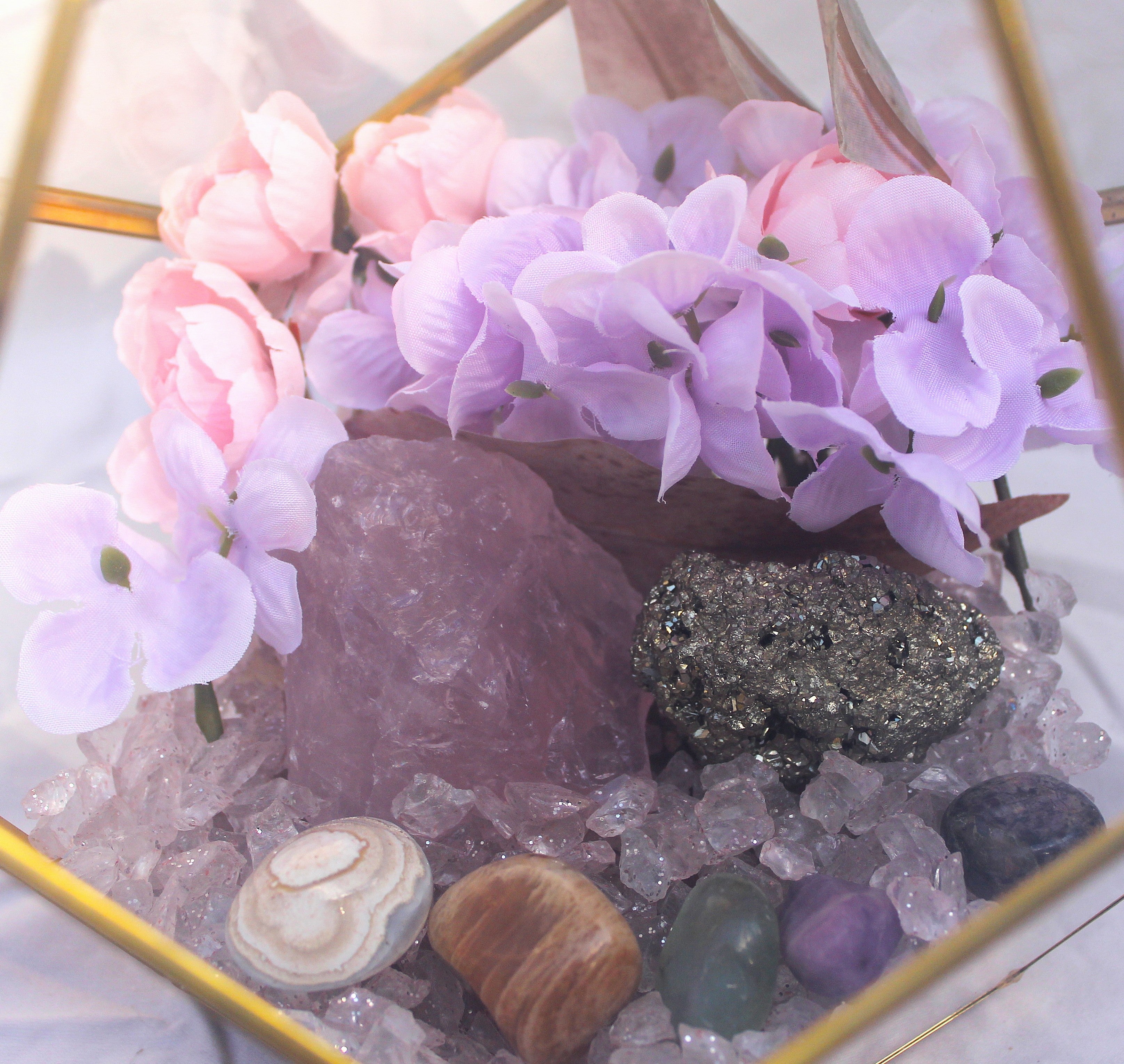 Crystal Geode Terrarium Rose Quartz and Pyrite - Luck in Love | | Wiccan Center