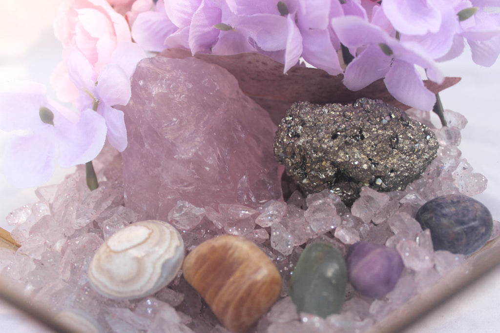 Crystal Geode Terrarium Rose Quartz and Pyrite - Luck in Love | | Wiccan Center