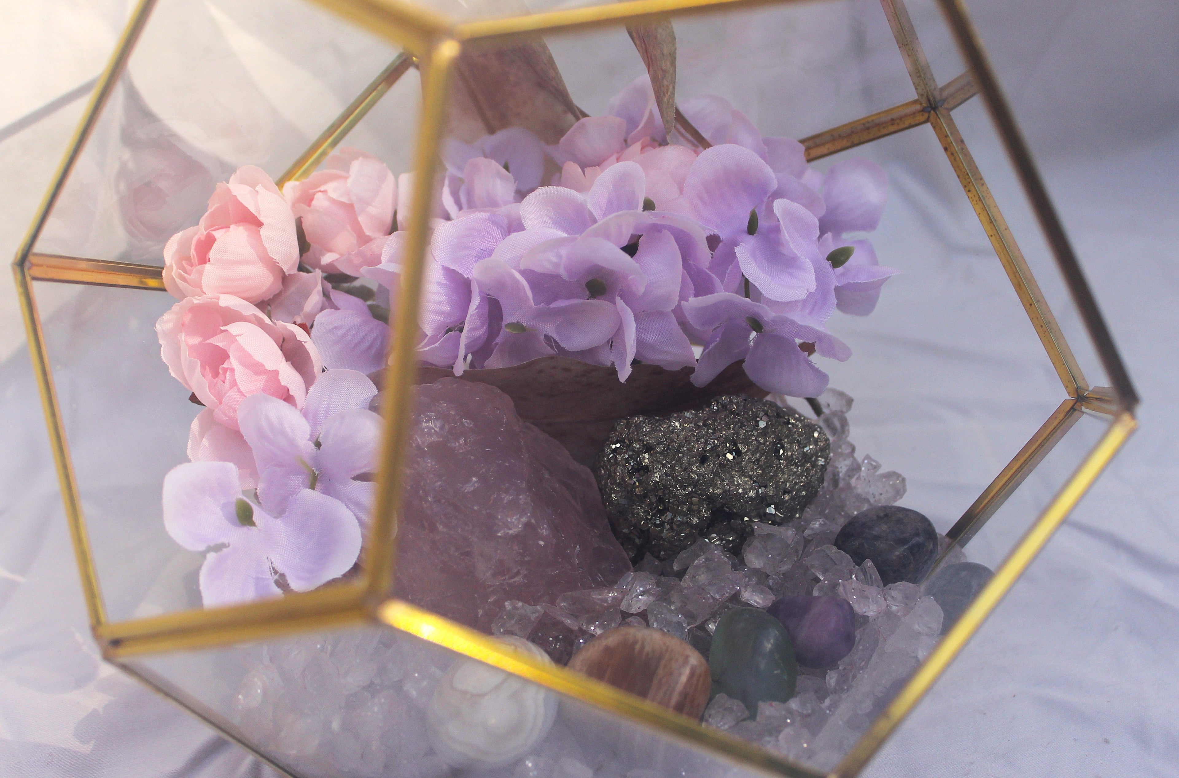 Crystal Geode Terrarium Rose Quartz and Pyrite - Luck in Love | | Wiccan Center