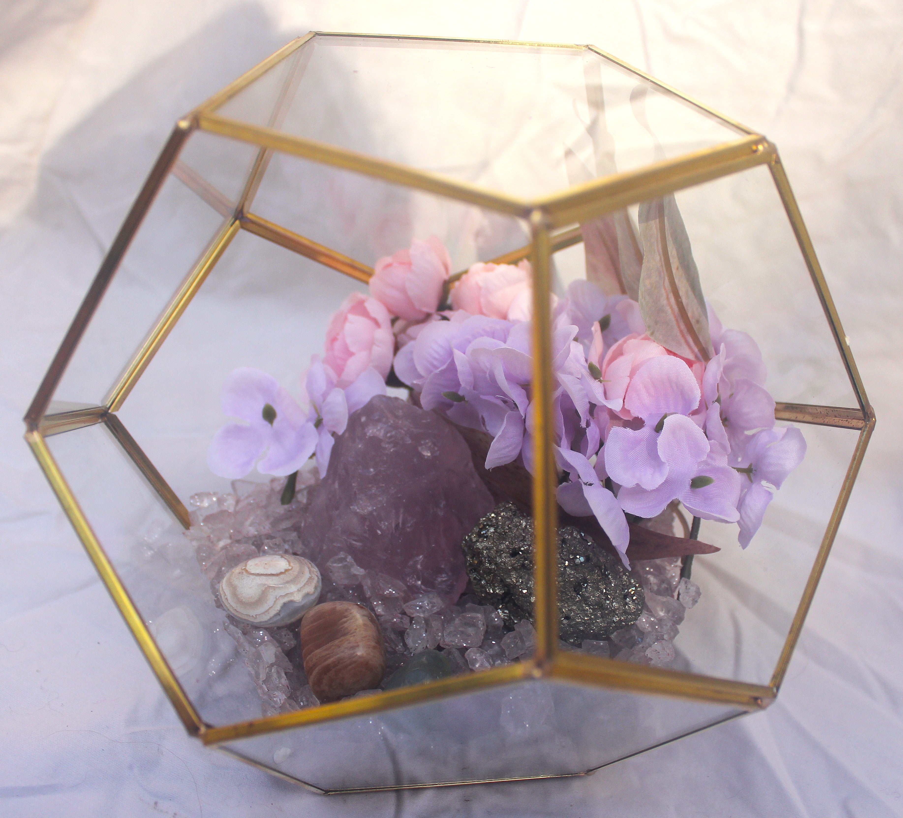 Crystal Geode Terrarium Rose Quartz and Pyrite - Luck in Love | | Wiccan Center