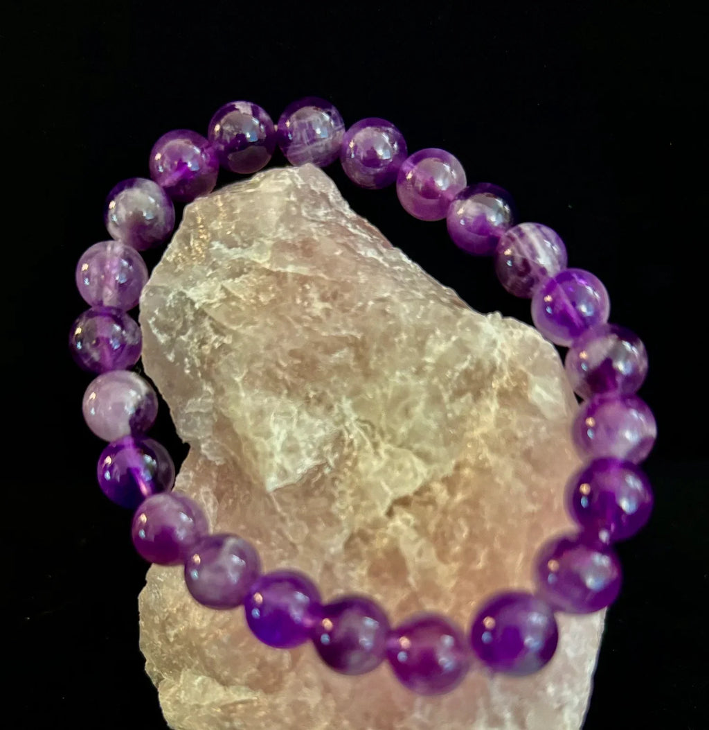 Reiki-Infused Genuine Chevron Amethyst Bracelet for Intuition, Spiritual Protection & Inner Peace (8mm & 10mm)