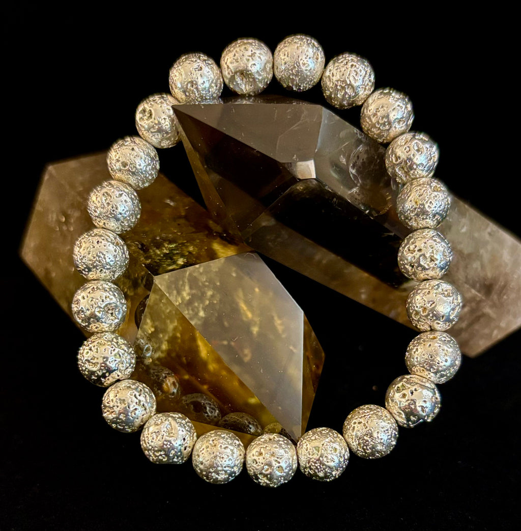 Silver Lava Rock Bracelet – Grounding Energy with Bold Metallic Style (6mm or 8mm) for Medium to Large Wrists | | Wiccan Center