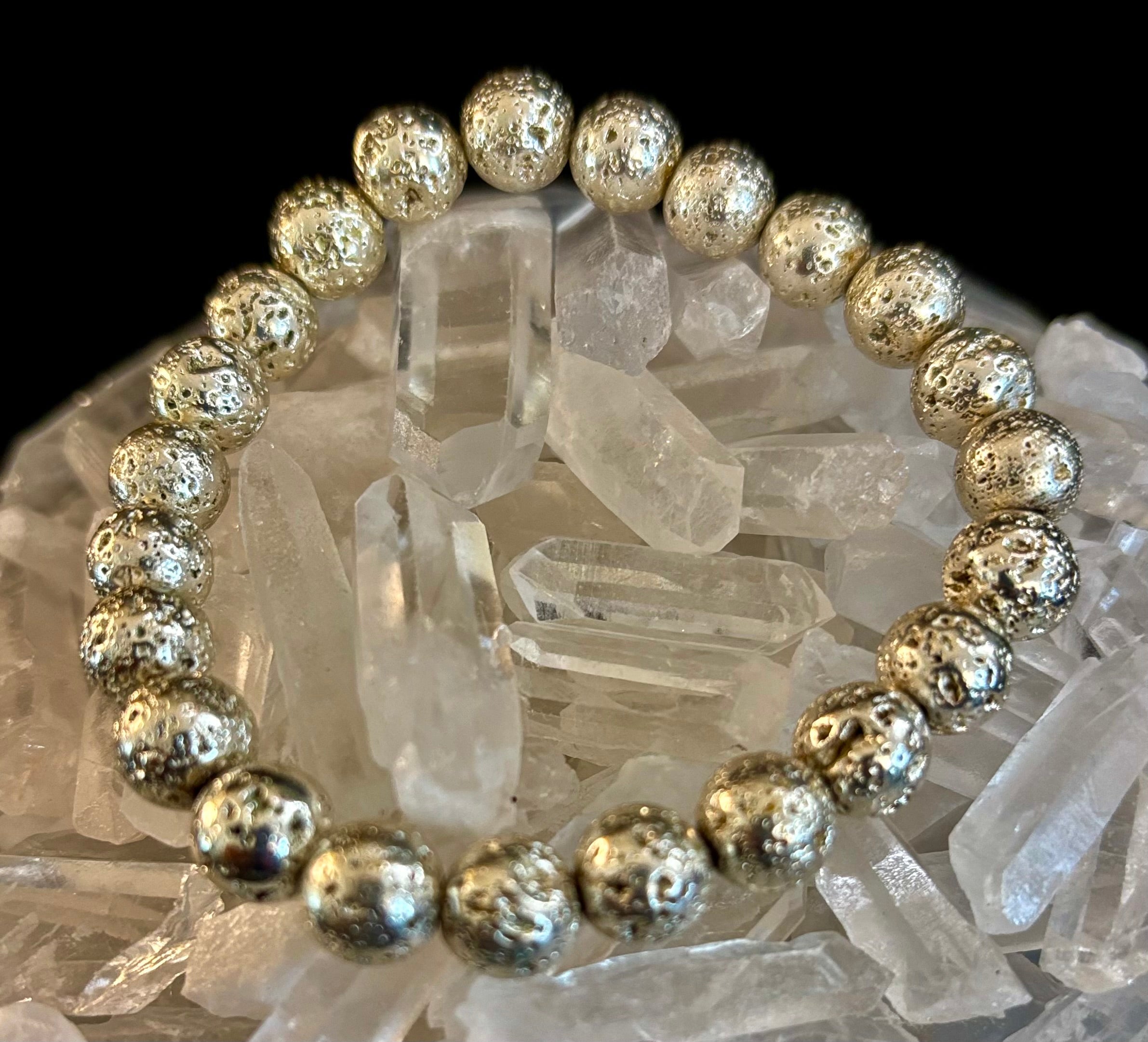 Silver Lava Rock Bracelet – Grounding Energy with Bold Metallic Style (6mm or 8mm) for Medium to Large Wrists | | Wiccan Center