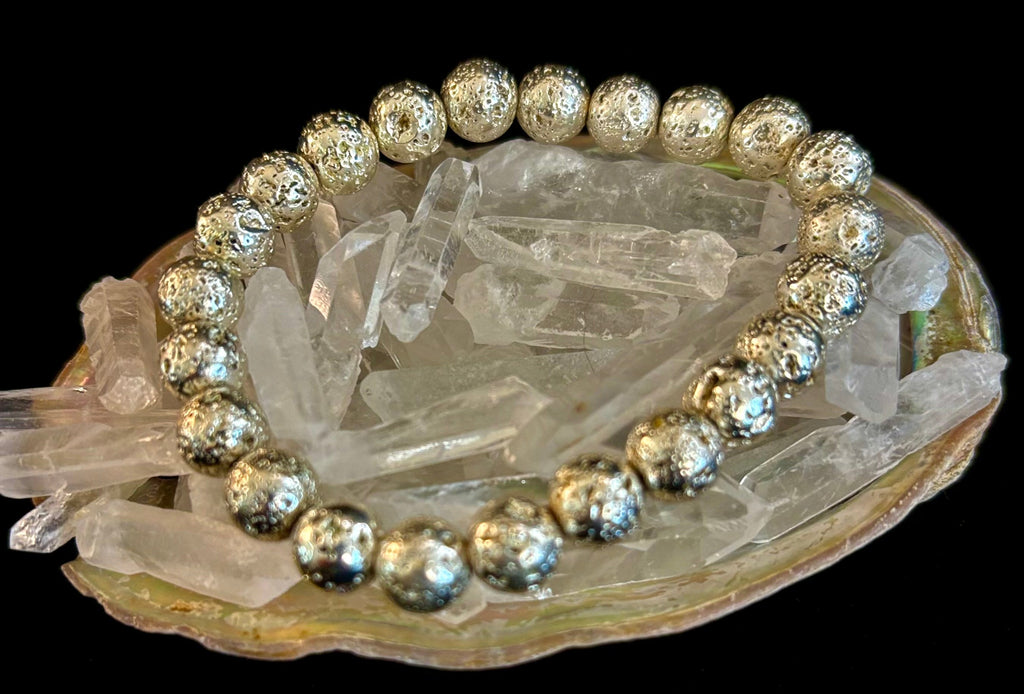 Silver Lava Rock Bracelet – Grounding Energy with Bold Metallic Style (6mm or 8mm) for Medium to Large Wrists | | Wiccan Center